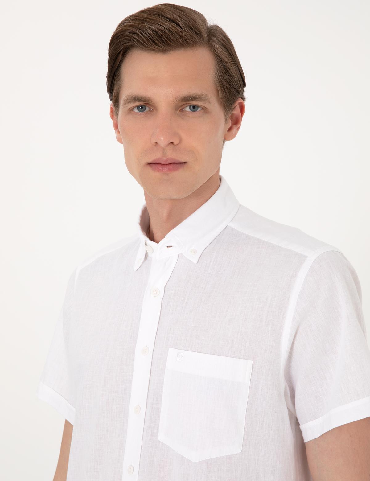 Beyaz Keten Karışımlı Regular Fit Kısa Kollu Gömlek - 50303287053