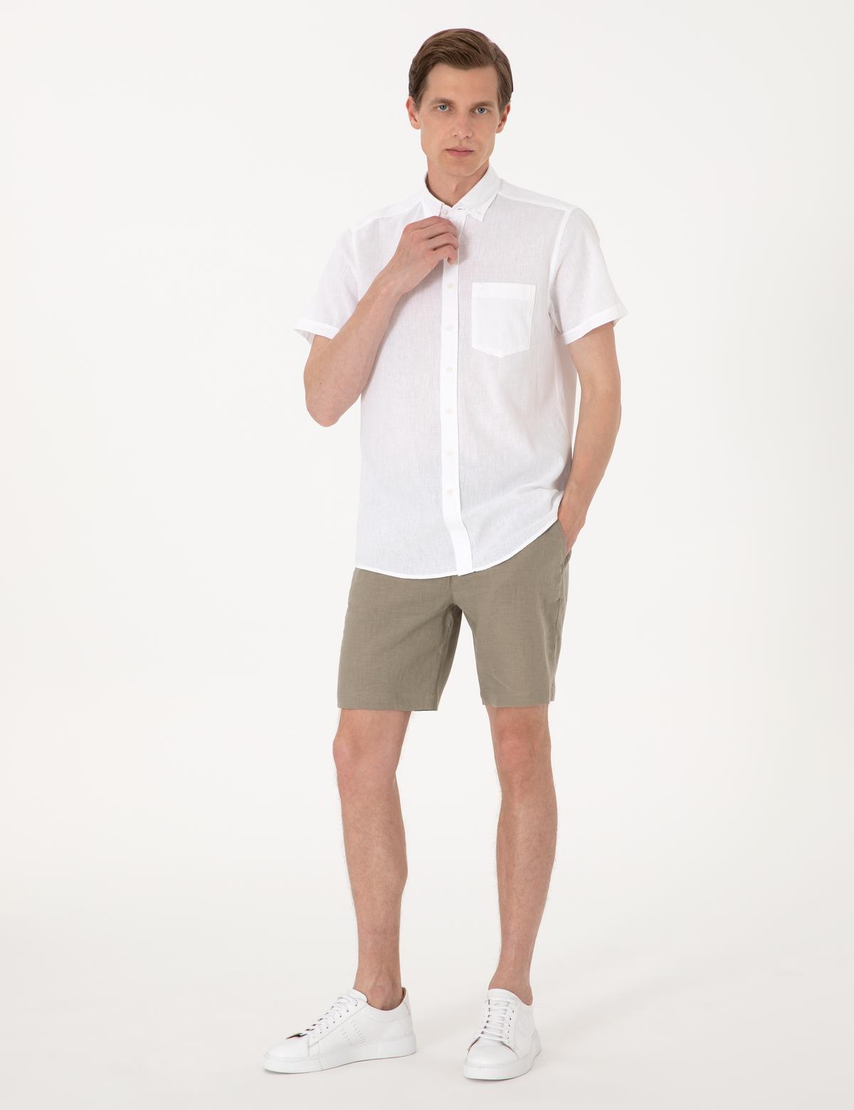 Beyaz Keten Karışımlı Regular Fit Kısa Kollu Gömlek - 50303287053