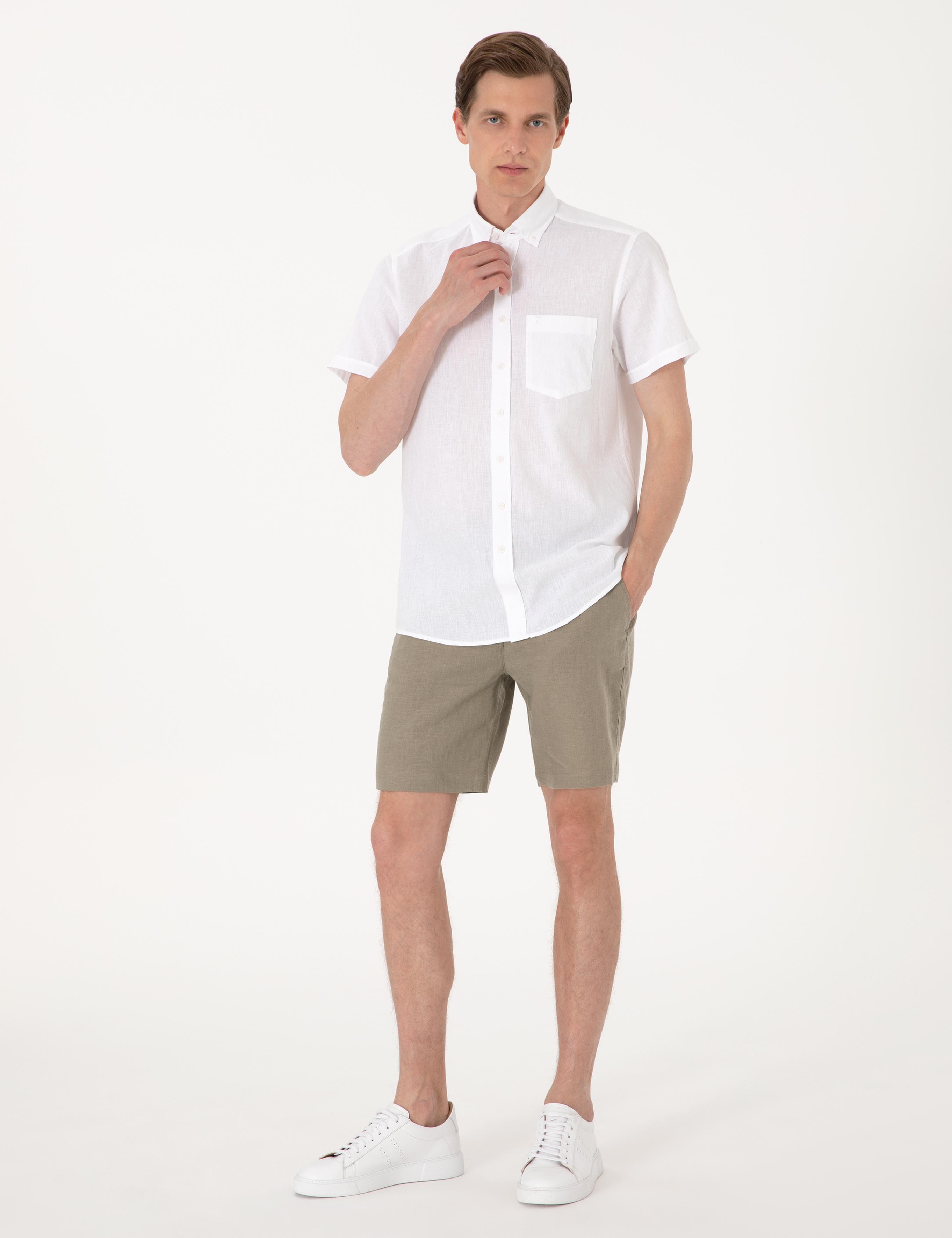 Beyaz Keten Karışımlı Regular Fit Kısa Kollu Gömlek