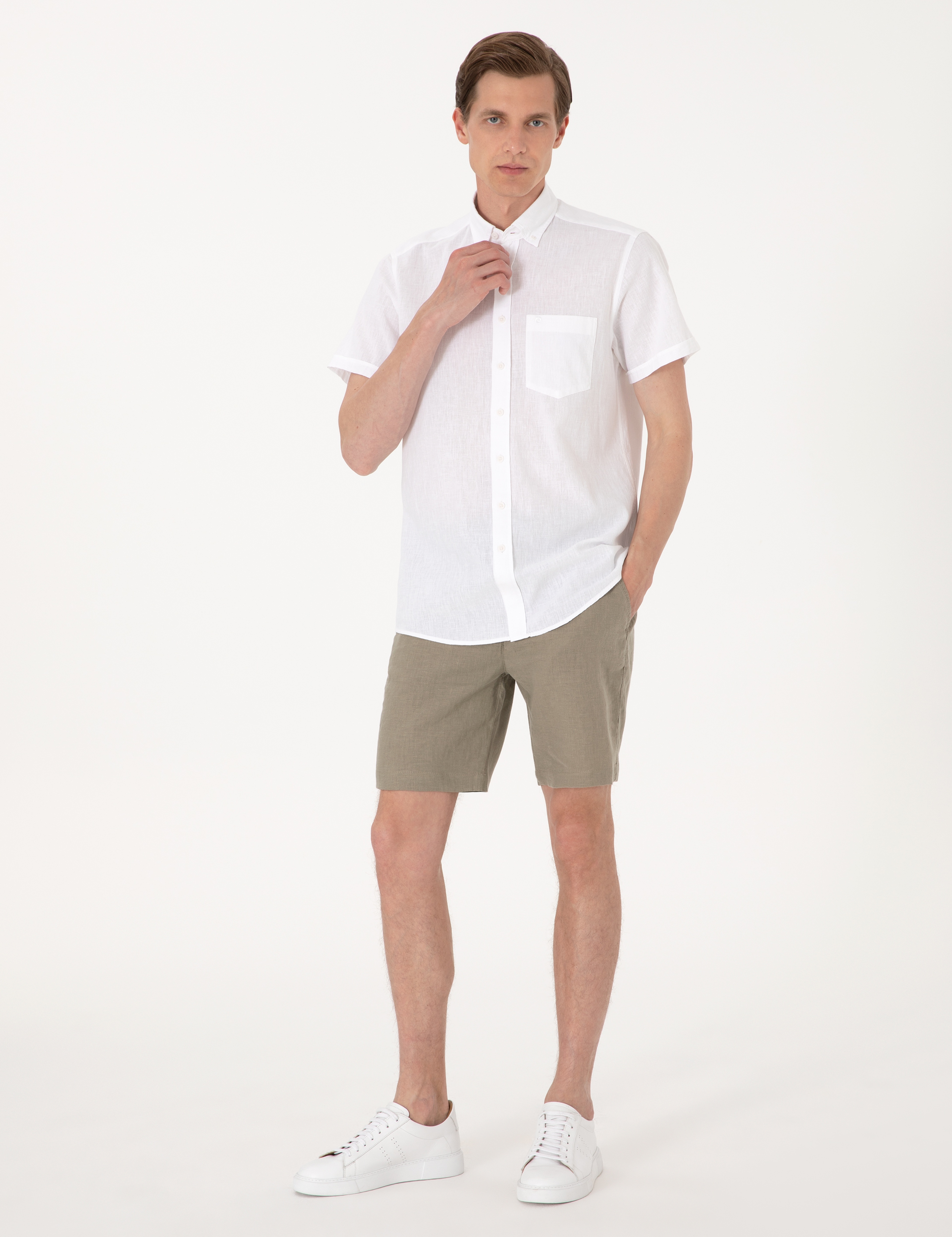 Beyaz Keten Karışımlı Regular Fit Kısa Kollu Gömlek - Image 4