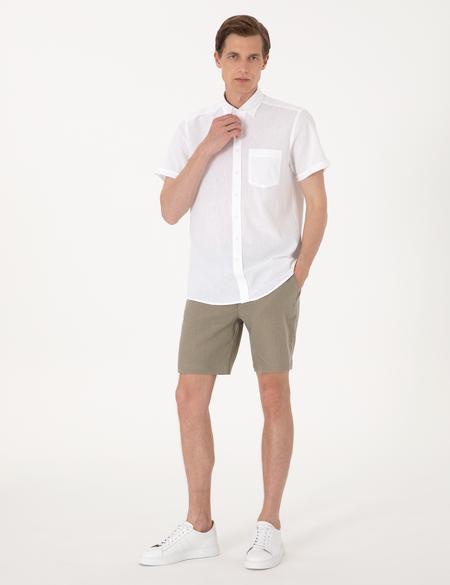 Beyaz Keten Karışımlı Regular Fit Kısa Kollu Gömlek - 50303287053