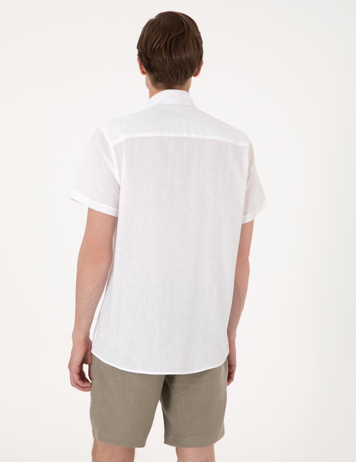 Beyaz Keten Karışımlı Regular Fit Kısa Kollu Gömlek - 50303287053