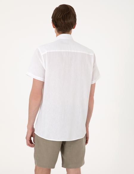 Beyaz Keten Karışımlı Regular Fit Kısa Kollu Gömlek - 50303287053