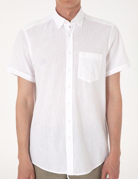 Beyaz Keten Karışımlı Regular Fit Kısa Kollu Gömlek - 50303287053