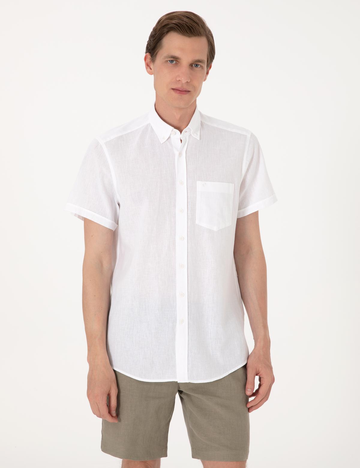 Beyaz Keten Karışımlı Regular Fit Kısa Kollu Gömlek