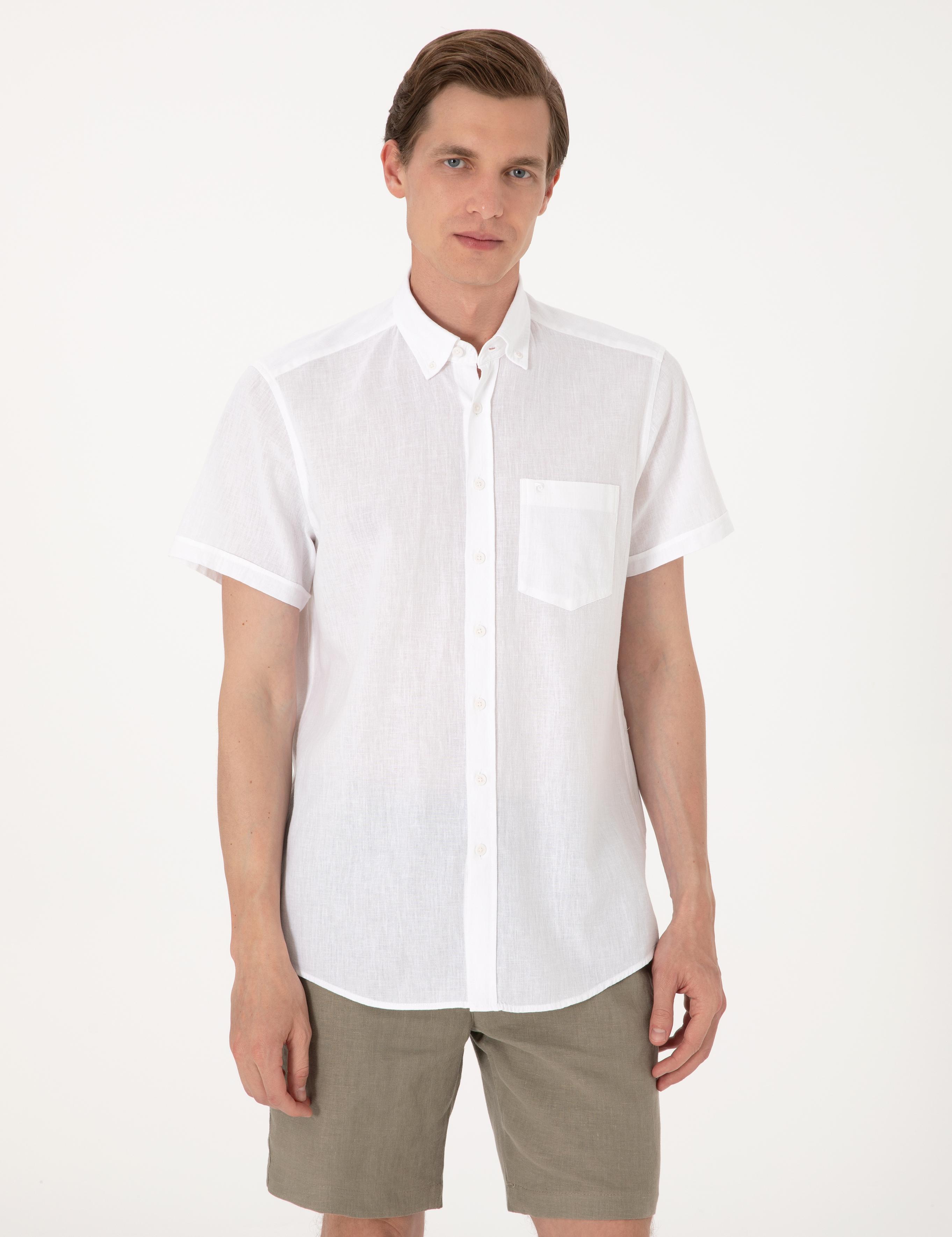 Beyaz Keten Karışımlı Regular Fit Kısa Kollu Gömlek