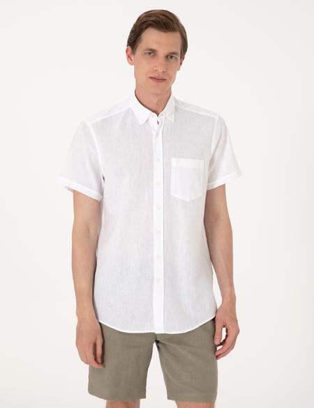 Beyaz Keten Karışımlı Regular Fit Kısa Kollu Gömlek - 50303287053