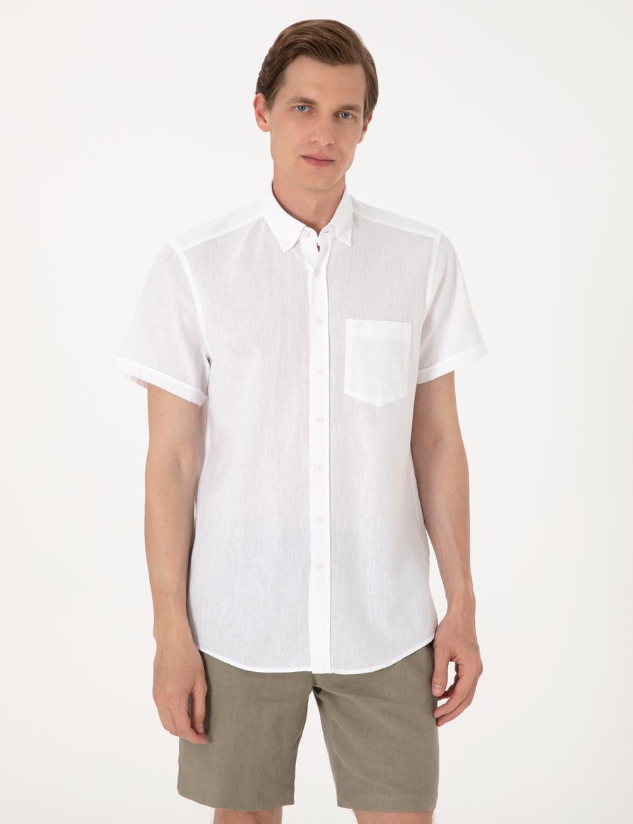 Beyaz Keten Karışımlı Regular Fit Kısa Kollu Gömlek