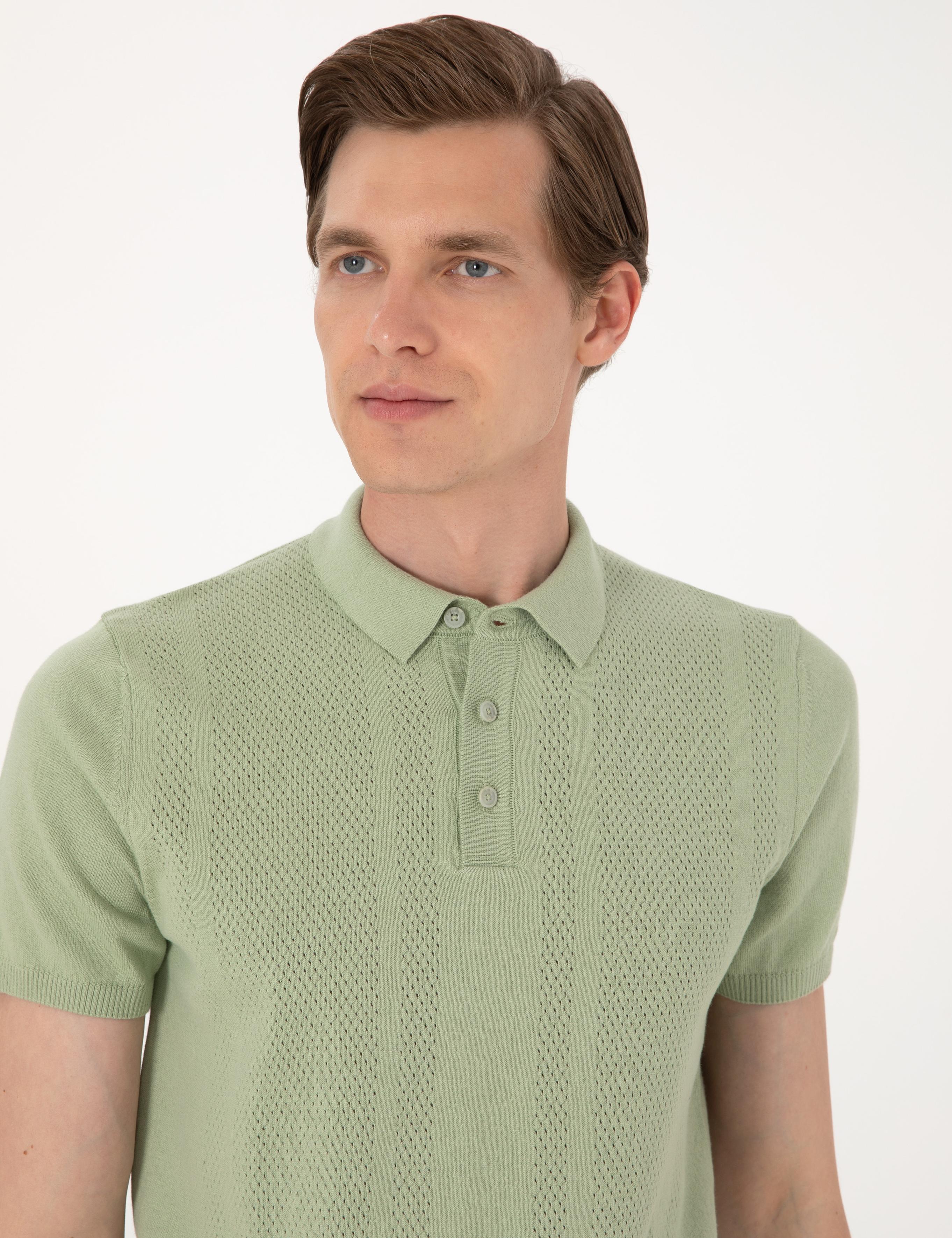 Açık Haki Slim Fit %100 Pamuk Polo Yaka Triko Tişört