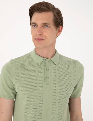 Açık Haki Slim Fit %100 Pamuk Polo Yaka Triko Tişört