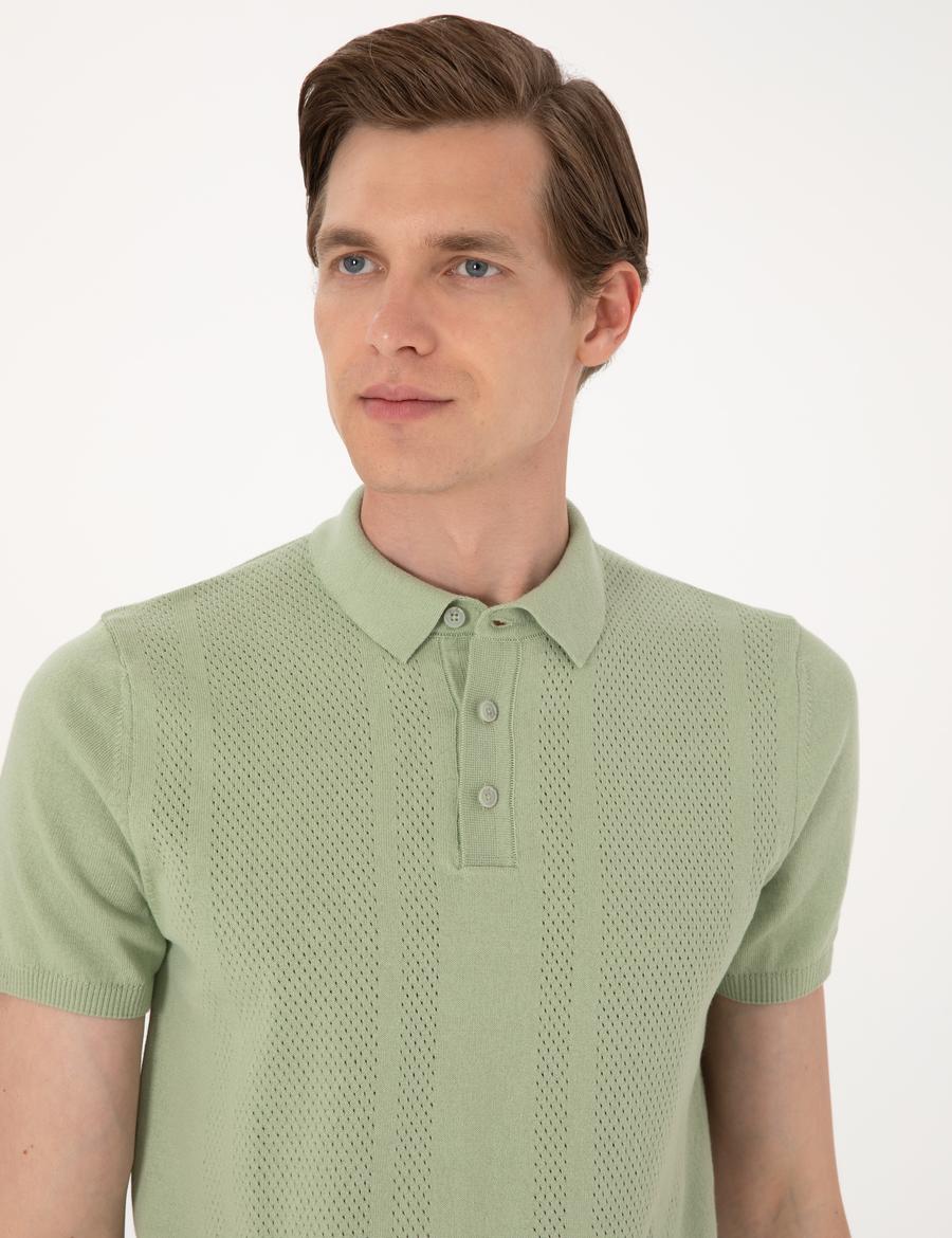 Açık Haki Slim Fit %100 Pamuk Polo Yaka Triko Tişört
