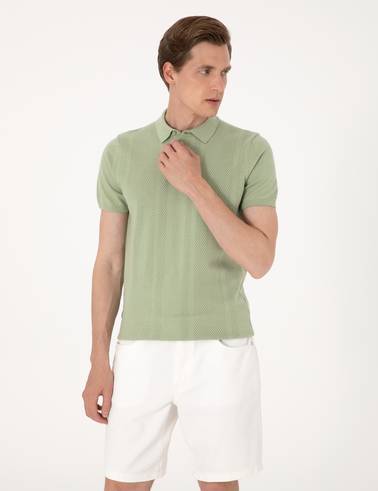 Açık Haki Slim Fit %100 Pamuk Polo Yaka Triko Tişört