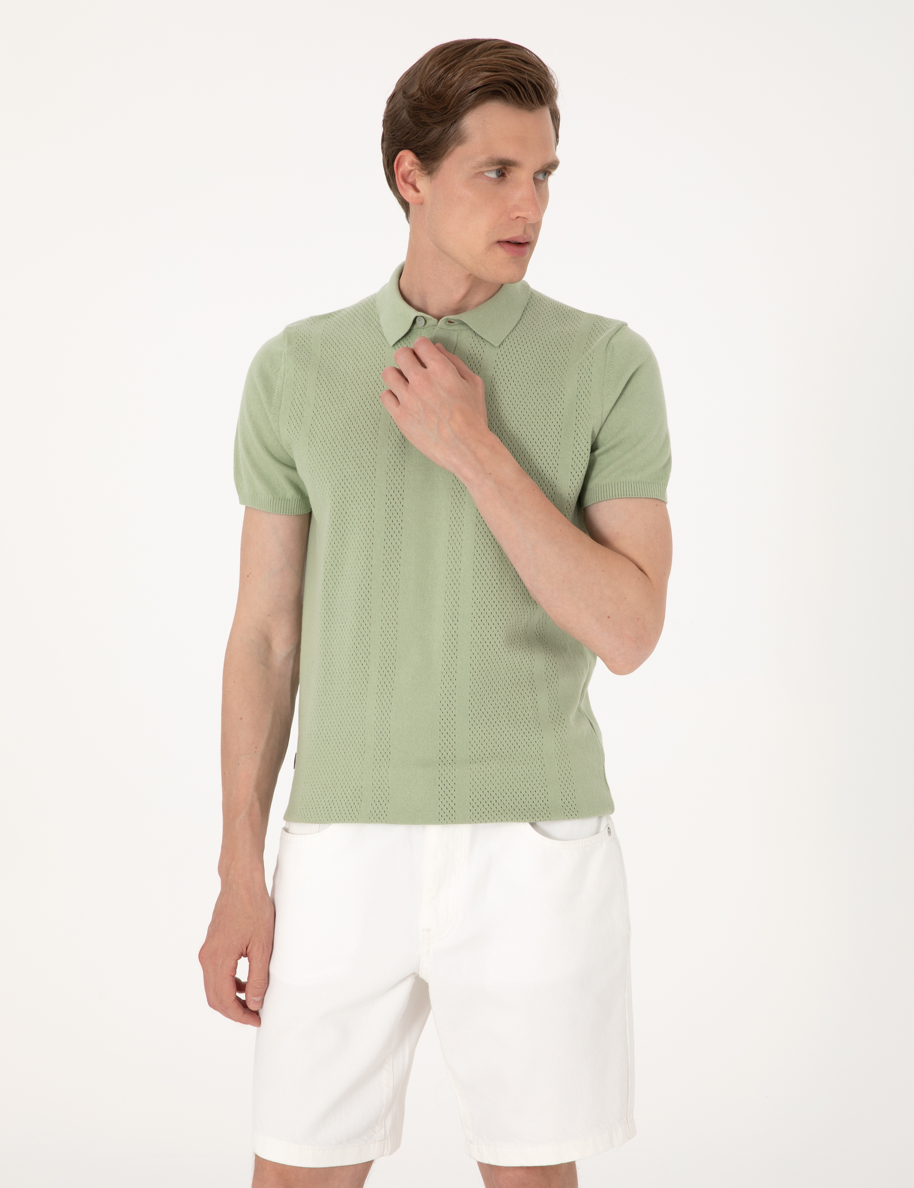 Açık Haki Slim Fit %100 Pamuk Polo Yaka Triko Tişört - Image 3