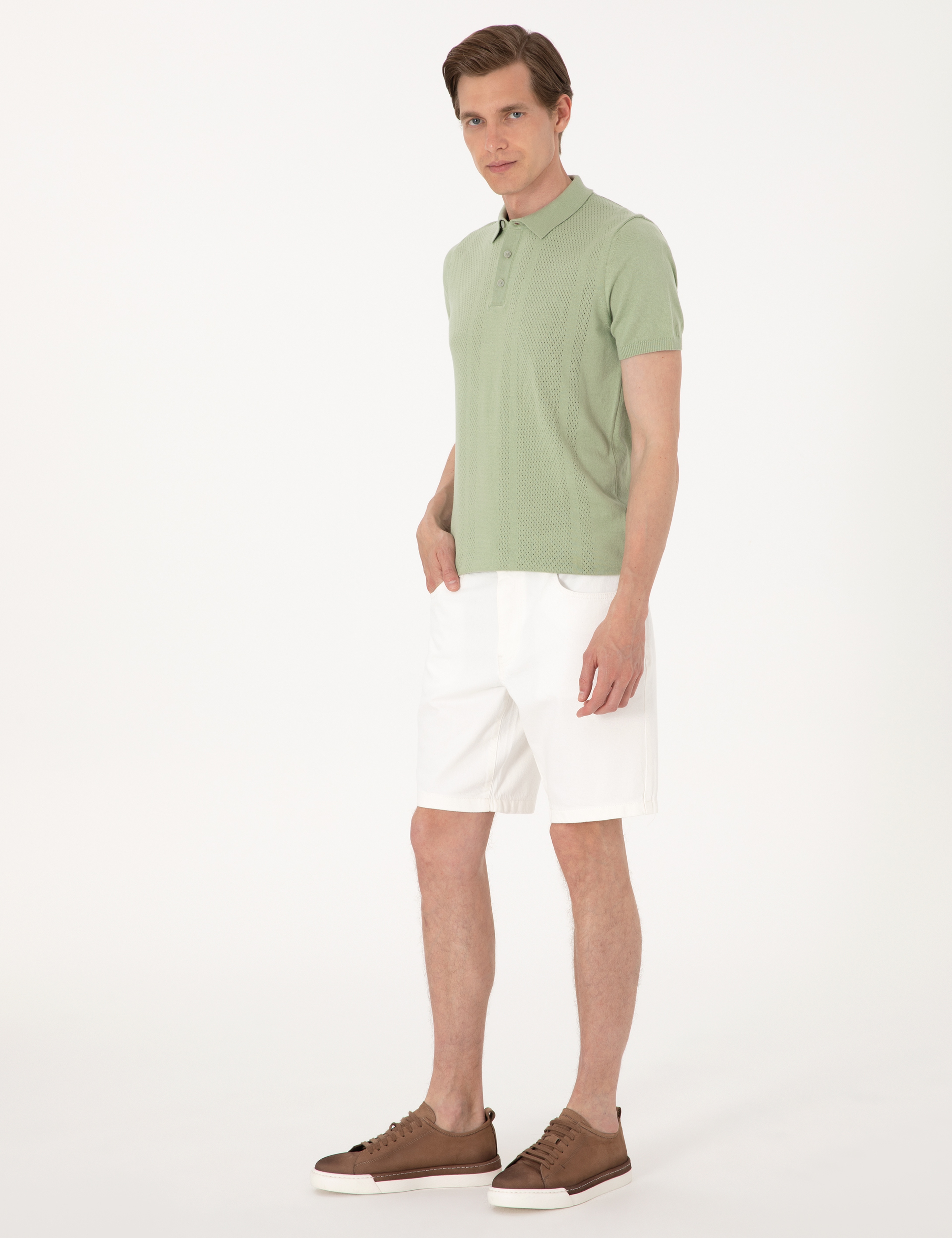 Açık Haki Slim Fit %100 Pamuk Polo Yaka Triko Tişört - Image 4