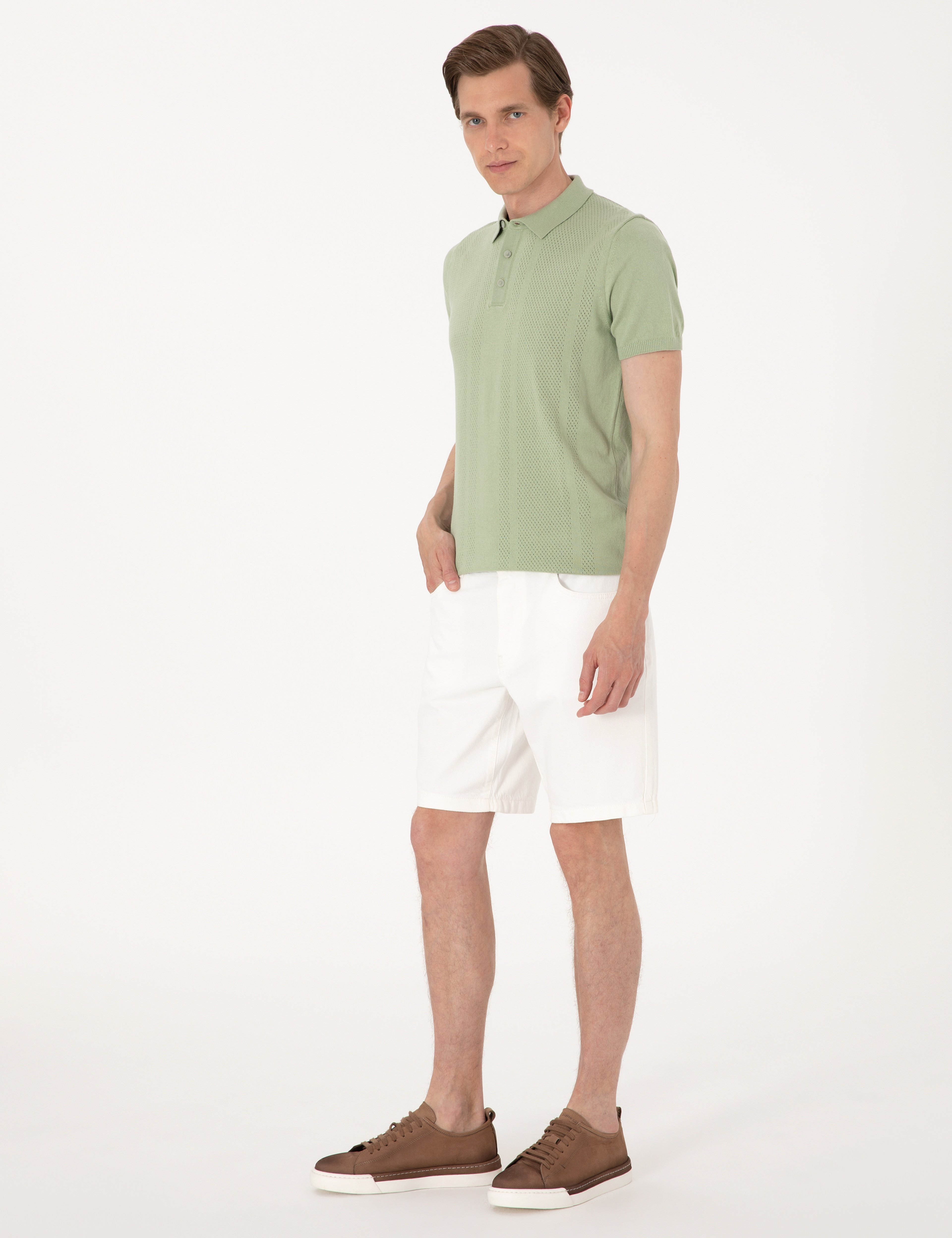 Açık Haki Slim Fit %100 Pamuk Polo Yaka Triko Tişört