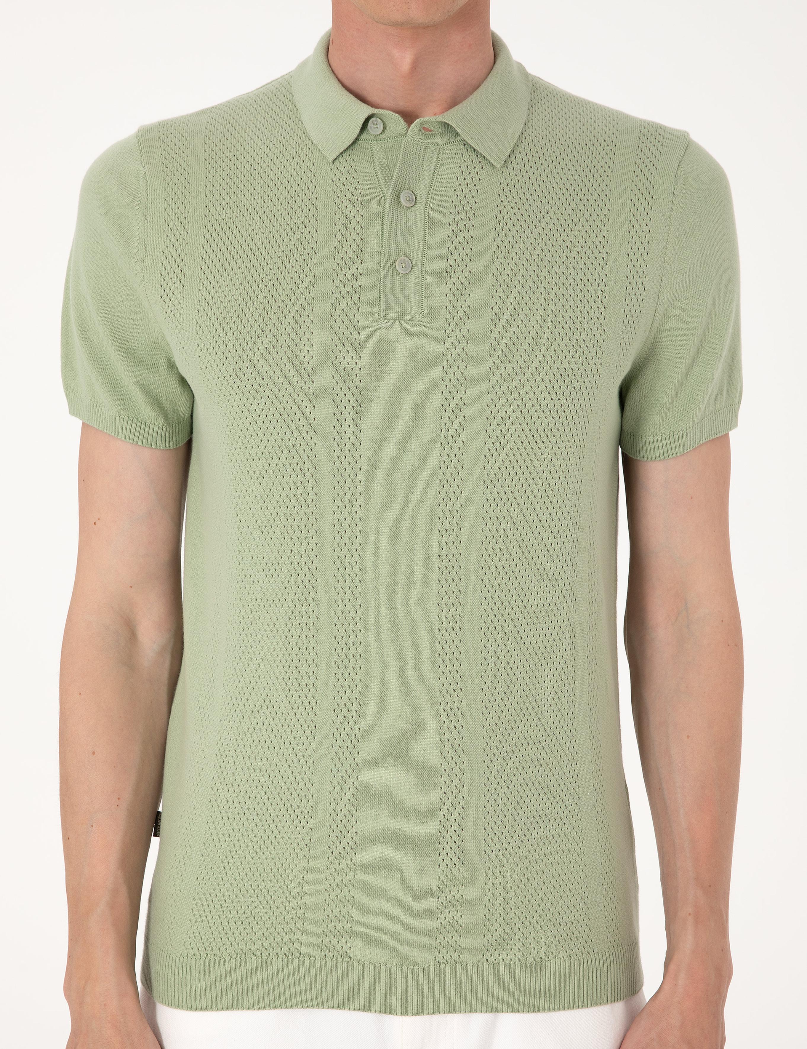 Açık Haki Slim Fit %100 Pamuk Polo Yaka Triko Tişört