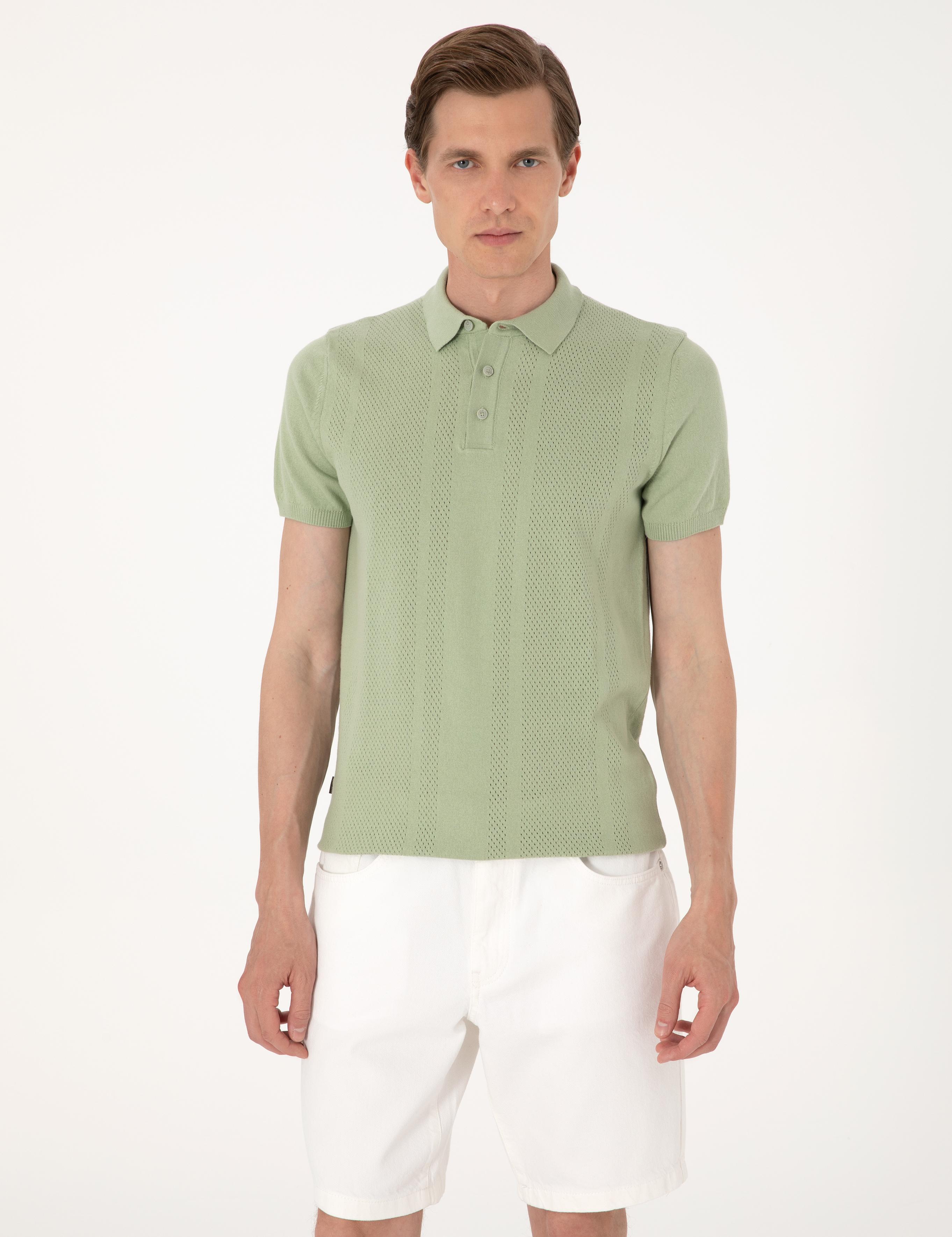 Açık Haki Slim Fit %100 Pamuk Polo Yaka Triko Tişört