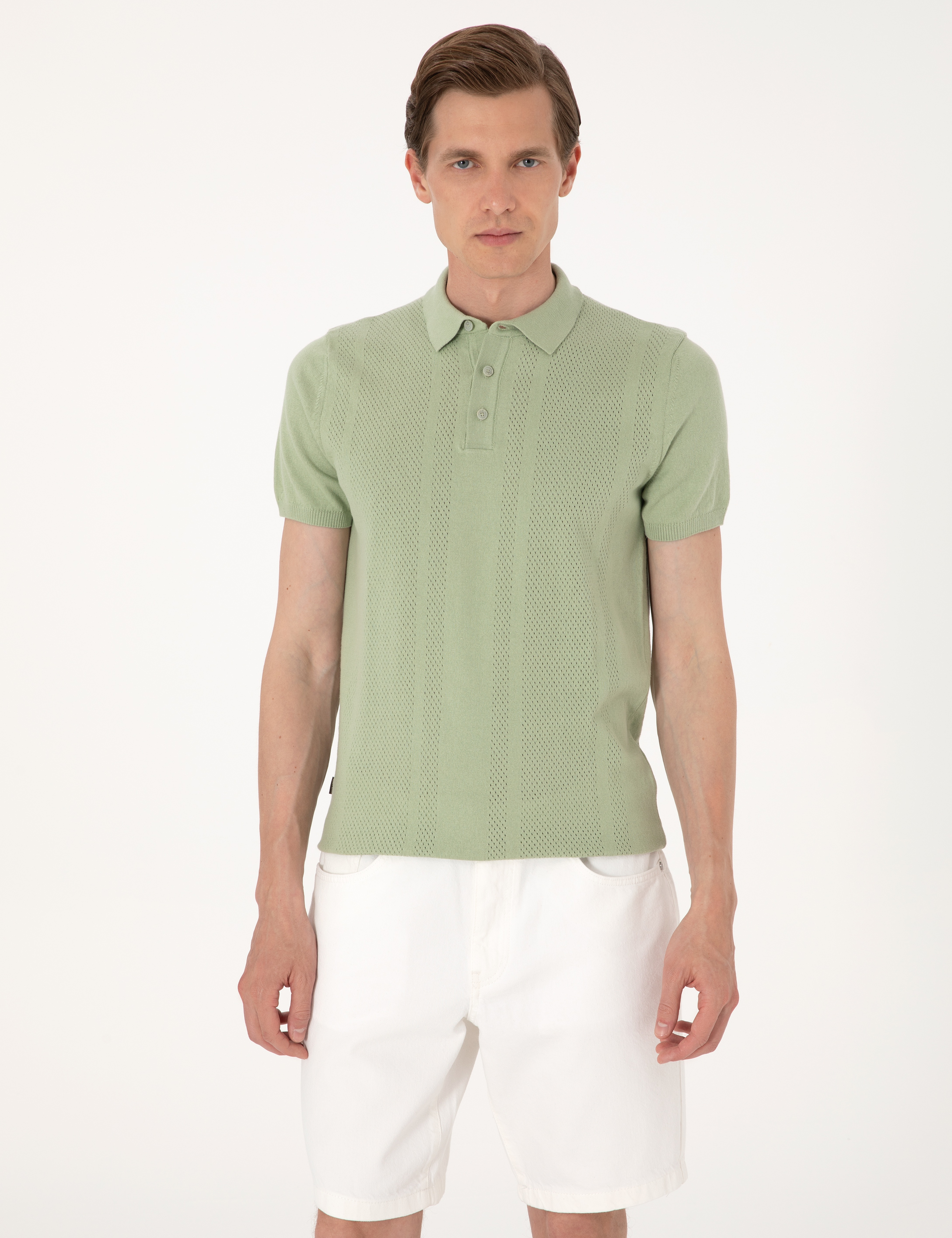 Açık Haki Slim Fit %100 Pamuk Polo Yaka Triko Tişört - Image 1