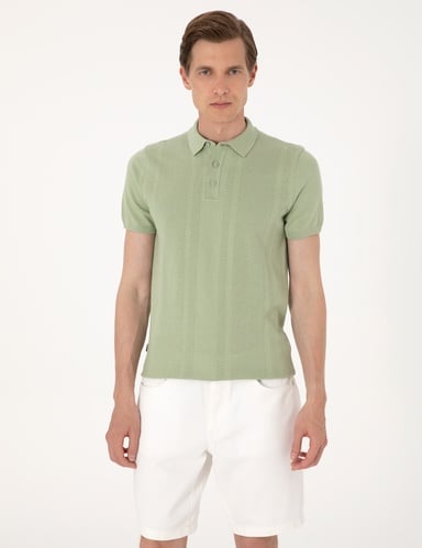 Açık Haki Slim Fit %100 Pamuk Düğmeli Polo Yaka Triko Tişört