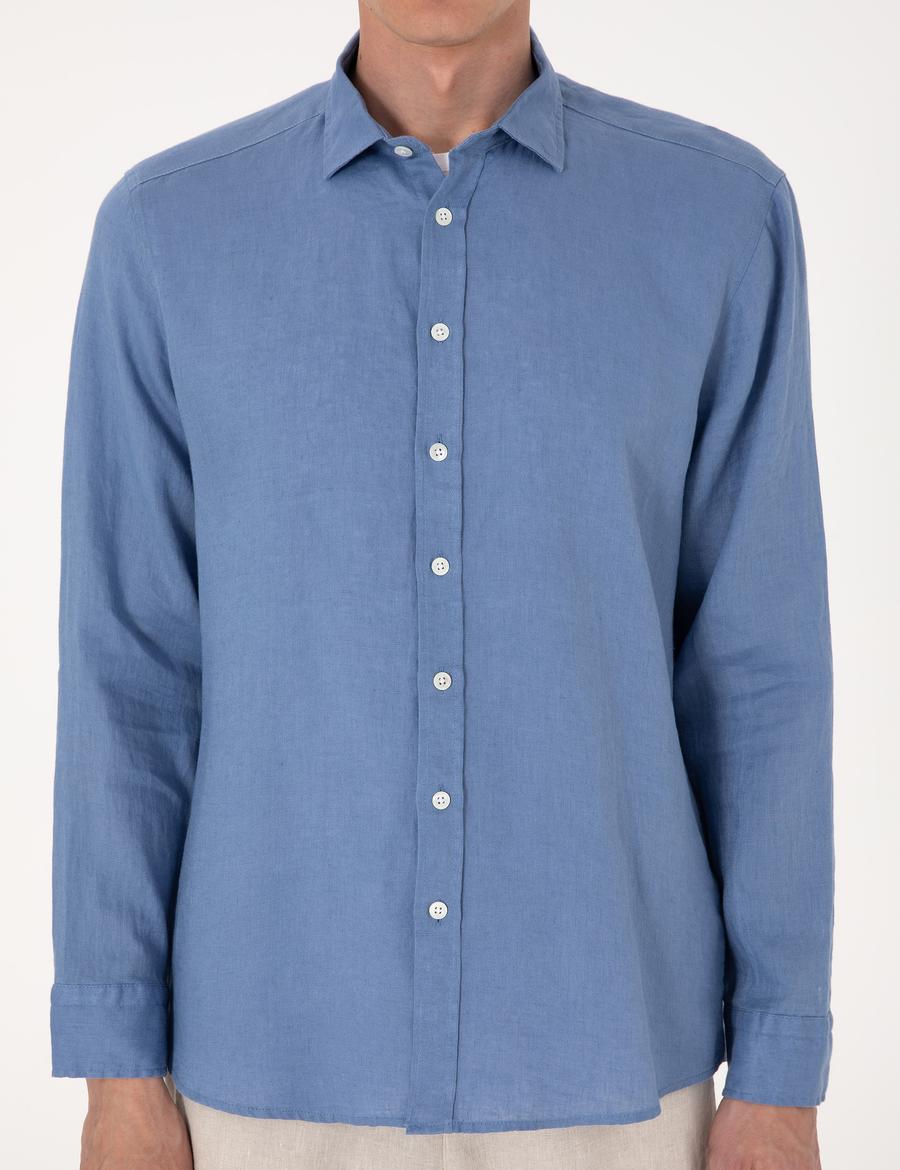 Mavi %100 Keten Regular Fit Uzunkollu Gömlek