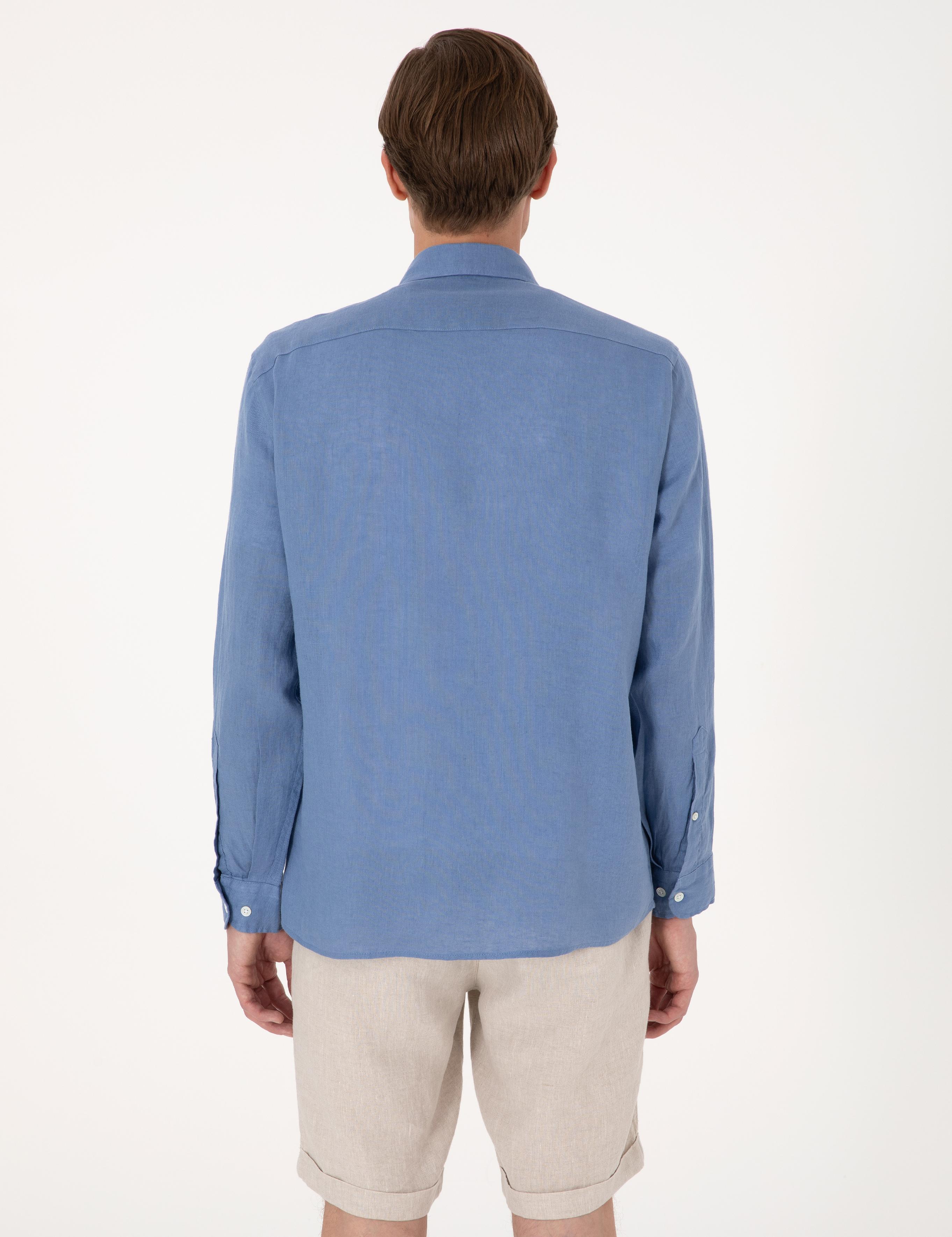 Mavi %100 Keten Regular Fit Uzunkollu Gömlek