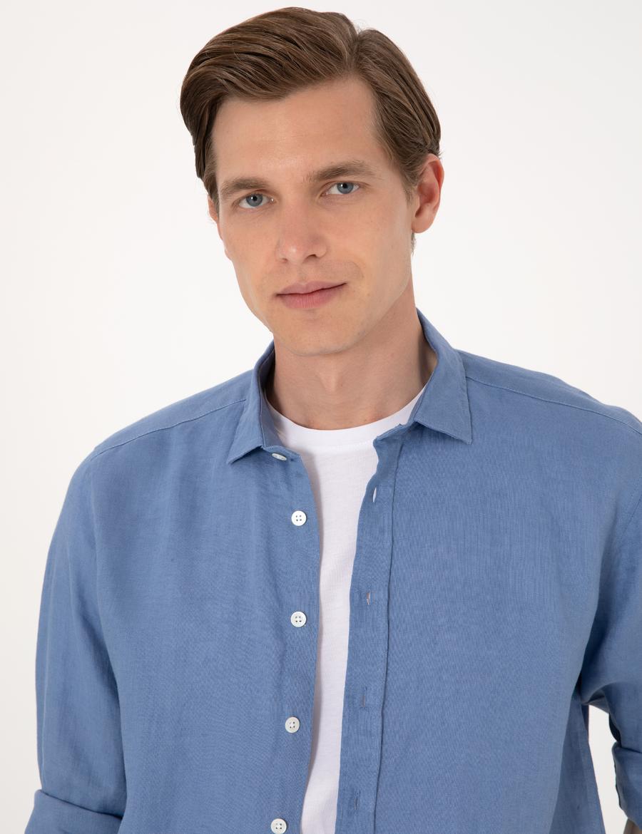 Mavi %100 Keten Regular Fit Uzunkollu Gömlek