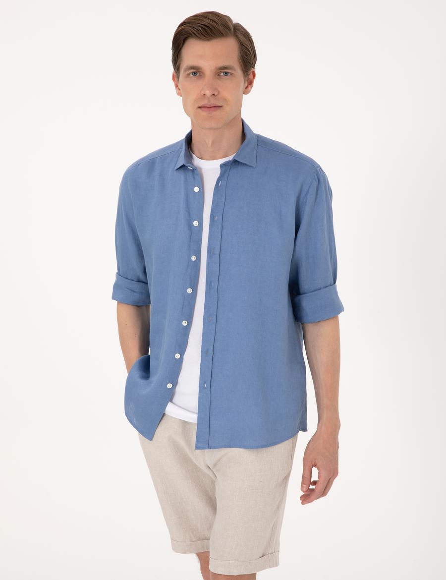 Mavi %100 Keten Regular Fit Uzunkollu Gömlek