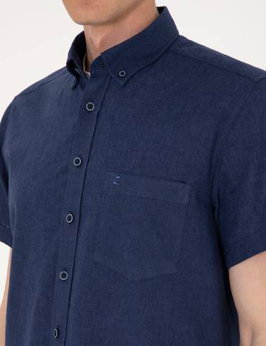 Lacivert Keten Karışımlı Regular Fit Kısa Kollu Gömlek