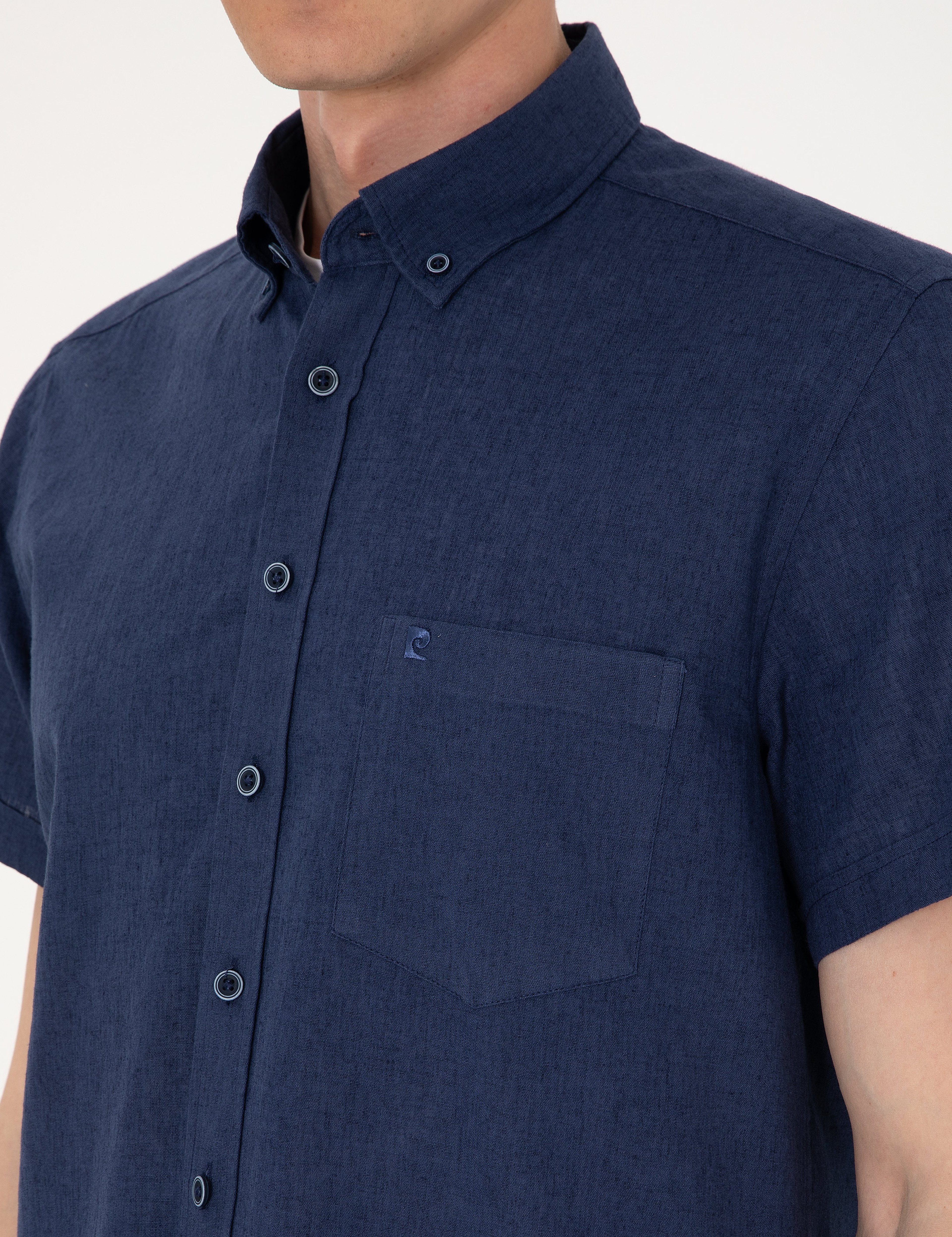 Lacivert Keten Karışımlı Regular Fit Kısa Kollu Gömlek - Image 7