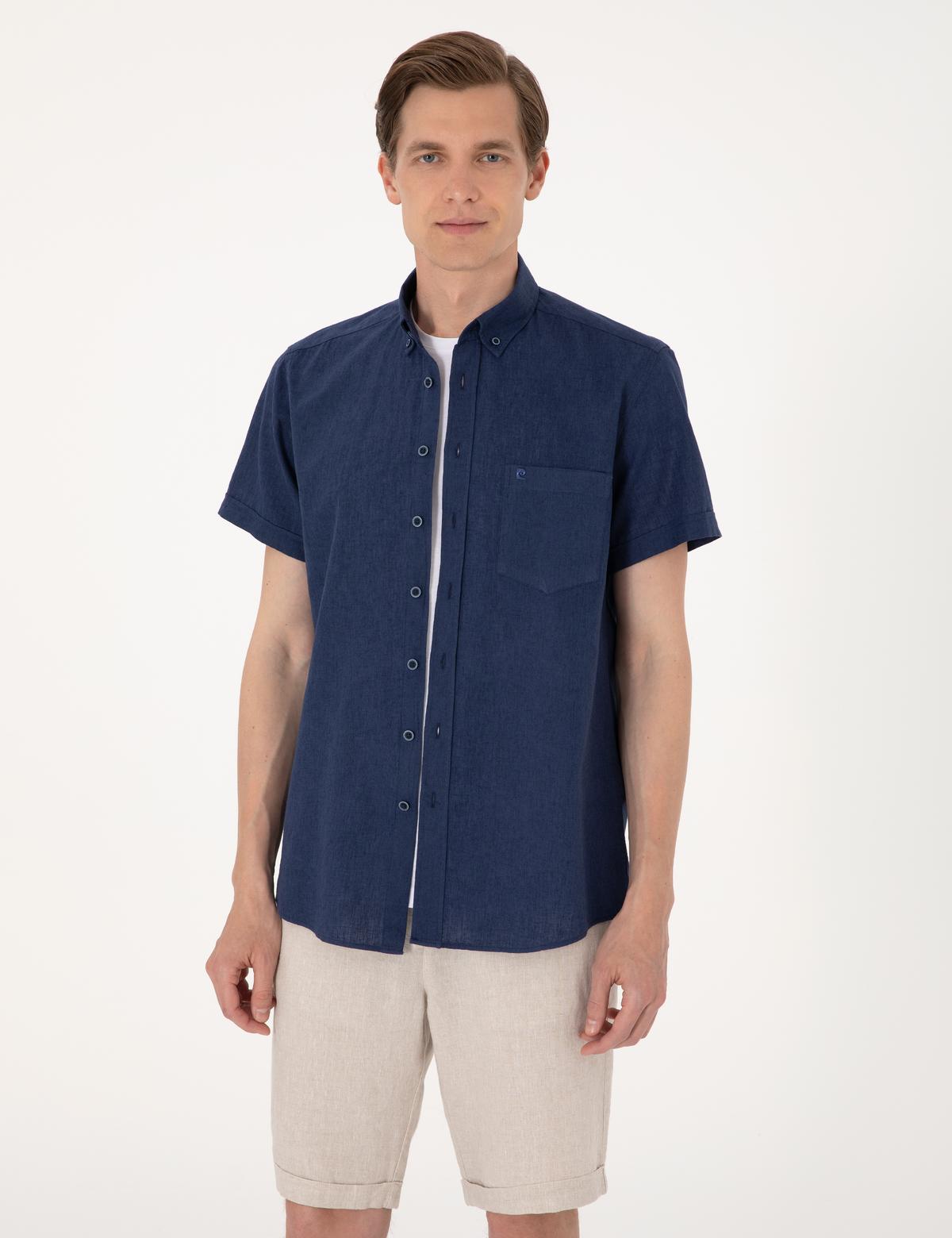 Lacivert Keten Karışımlı Regular Fit Kısa Kollu Gömlek