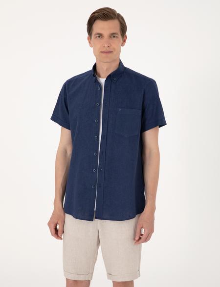Lacivert Keten Karışımlı Regular Fit Kısa Kollu Gömlek - 50303287037