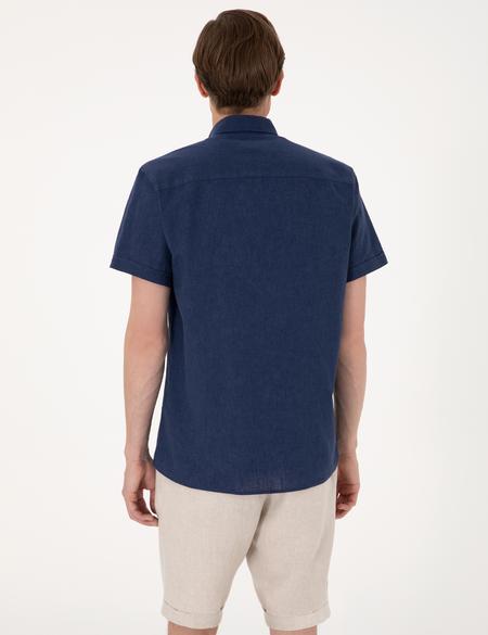Lacivert Keten Karışımlı Regular Fit Kısa Kollu Gömlek - 50303287037