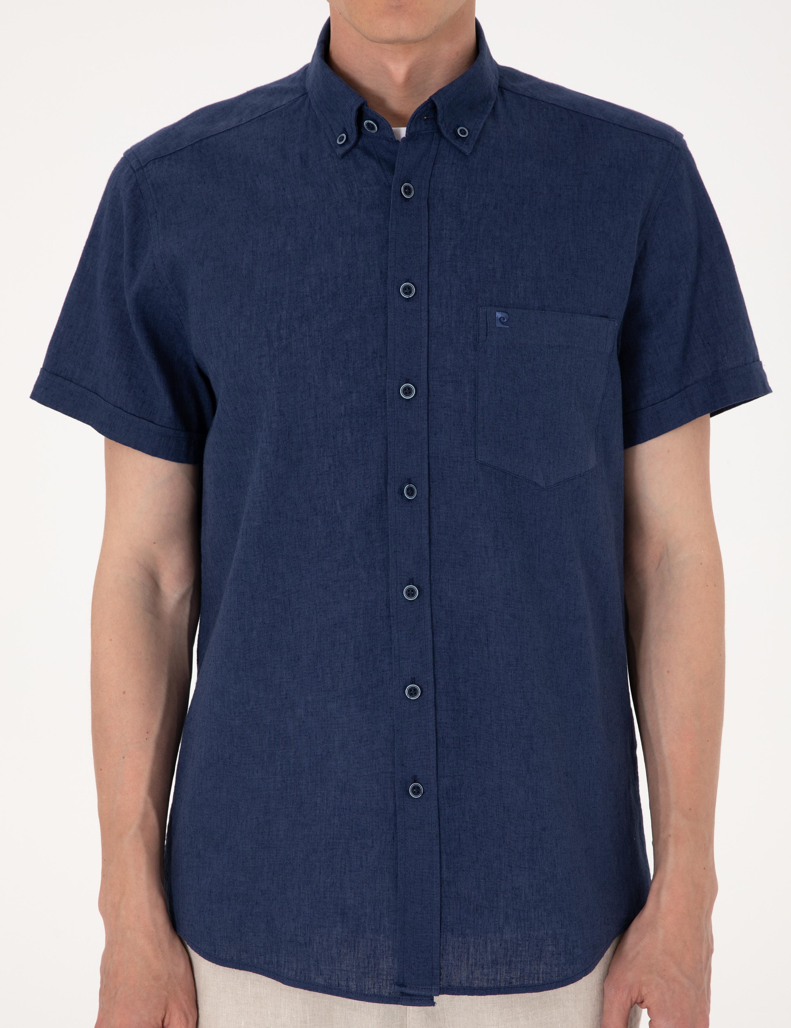 Lacivert Keten Karışımlı Regular Fit Kısa Kollu Gömlek
