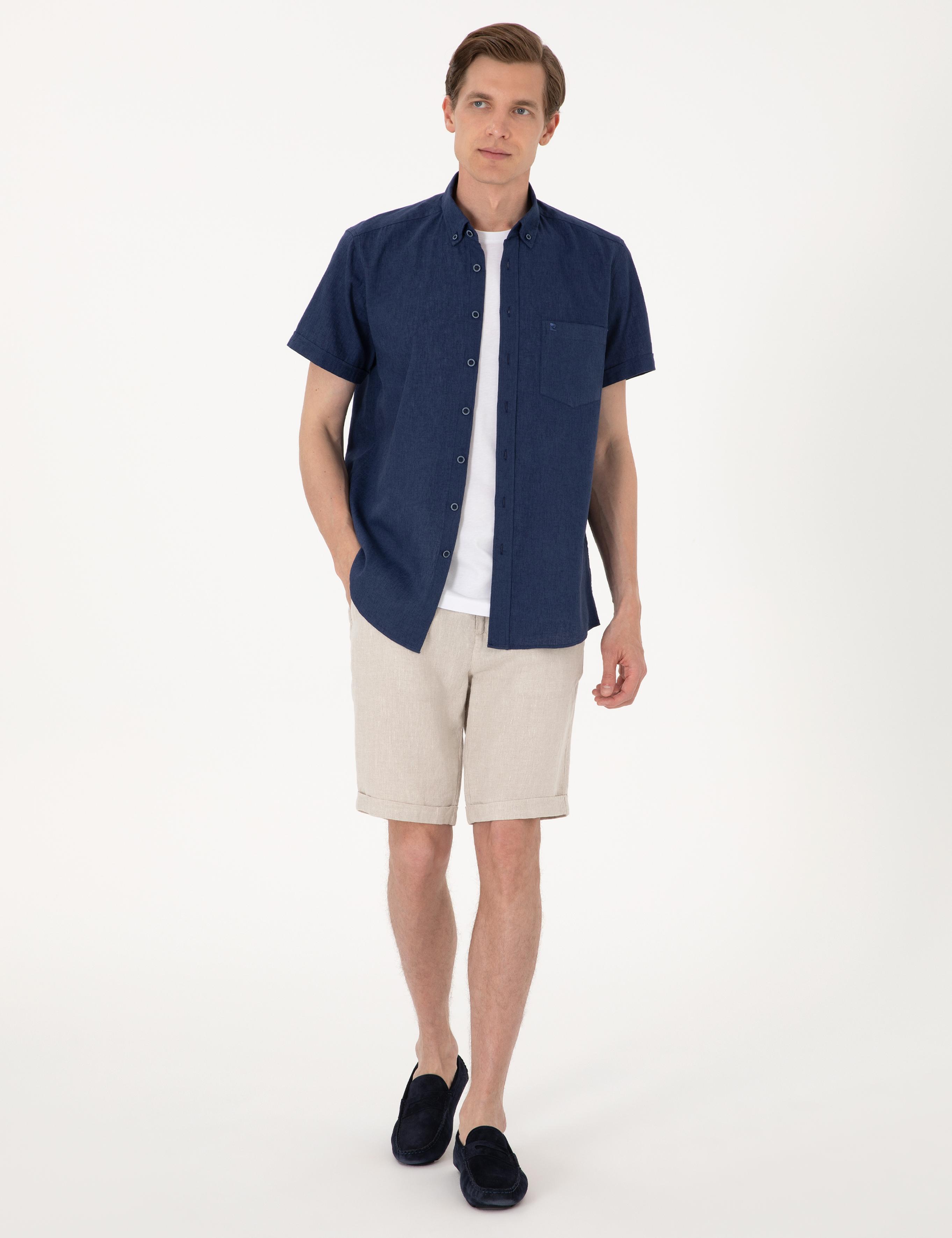 Lacivert Keten Karışımlı Regular Fit Kısa Kollu Gömlek