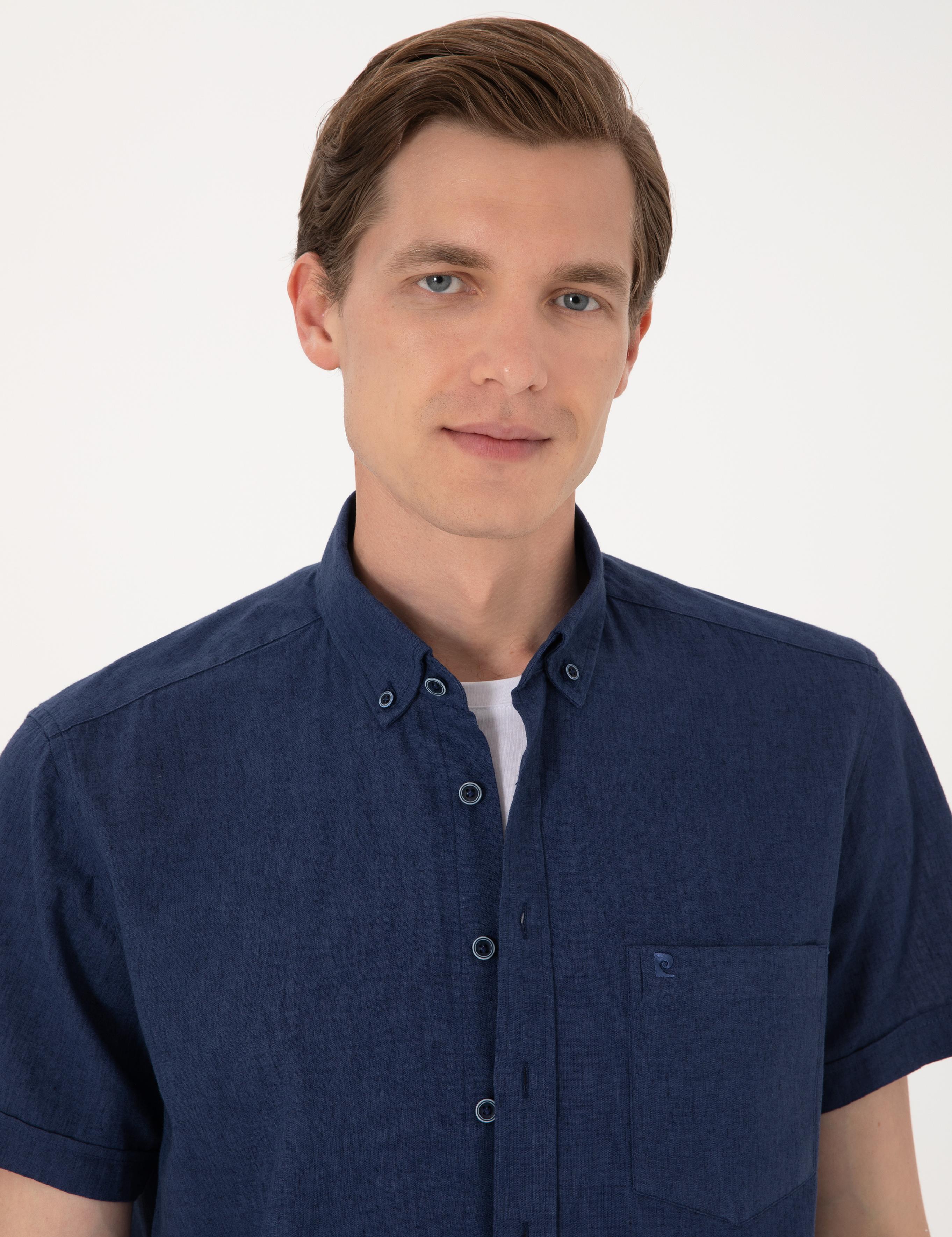 Lacivert Keten Karışımlı Regular Fit Kısa Kollu Gömlek
