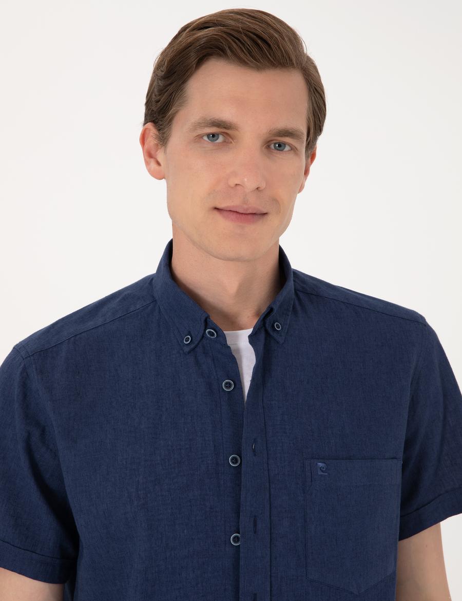Lacivert Keten Karışımlı Regular Fit Kısa Kollu Gömlek