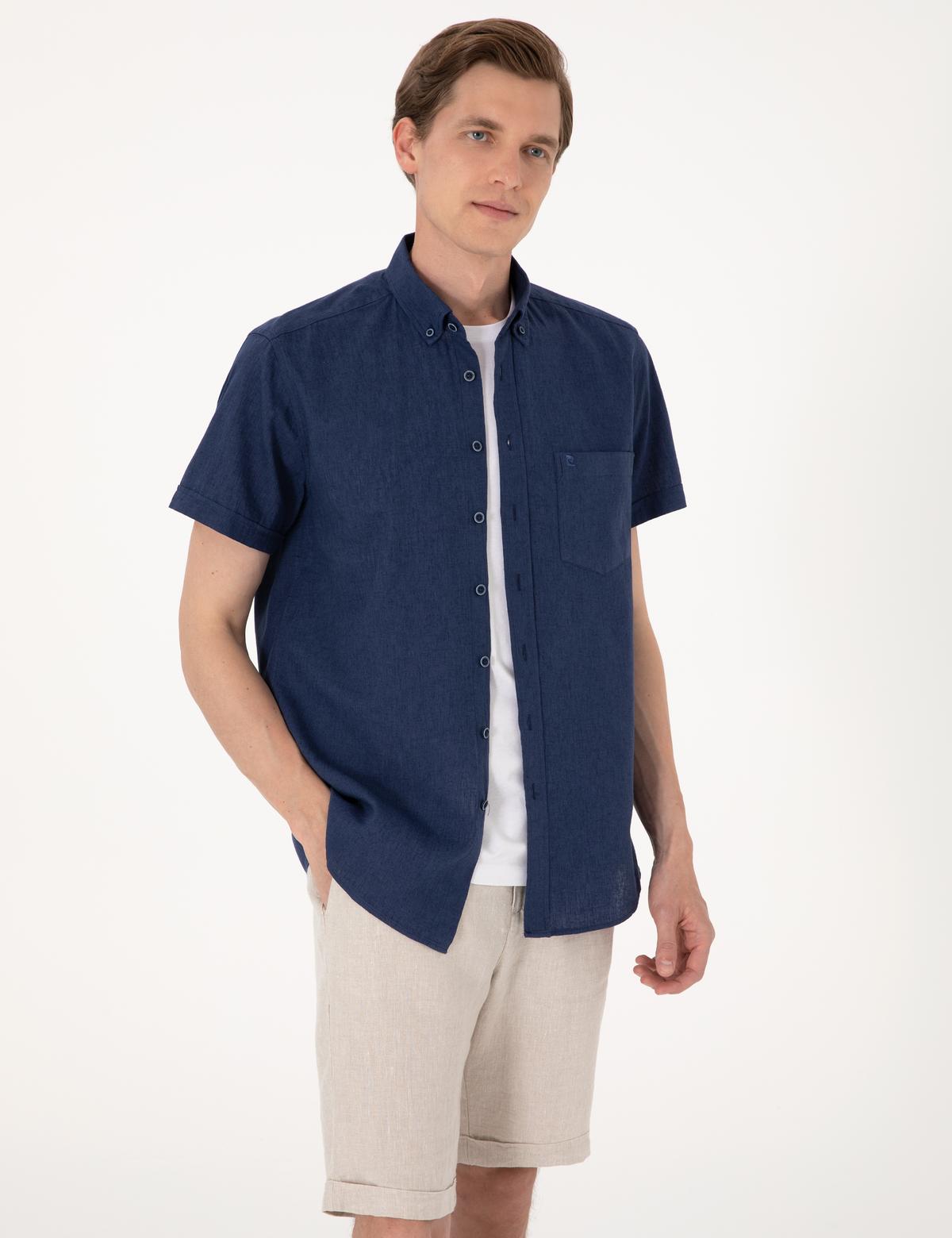 Lacivert Keten Karışımlı Regular Fit Kısa Kollu Gömlek - 50303287037
