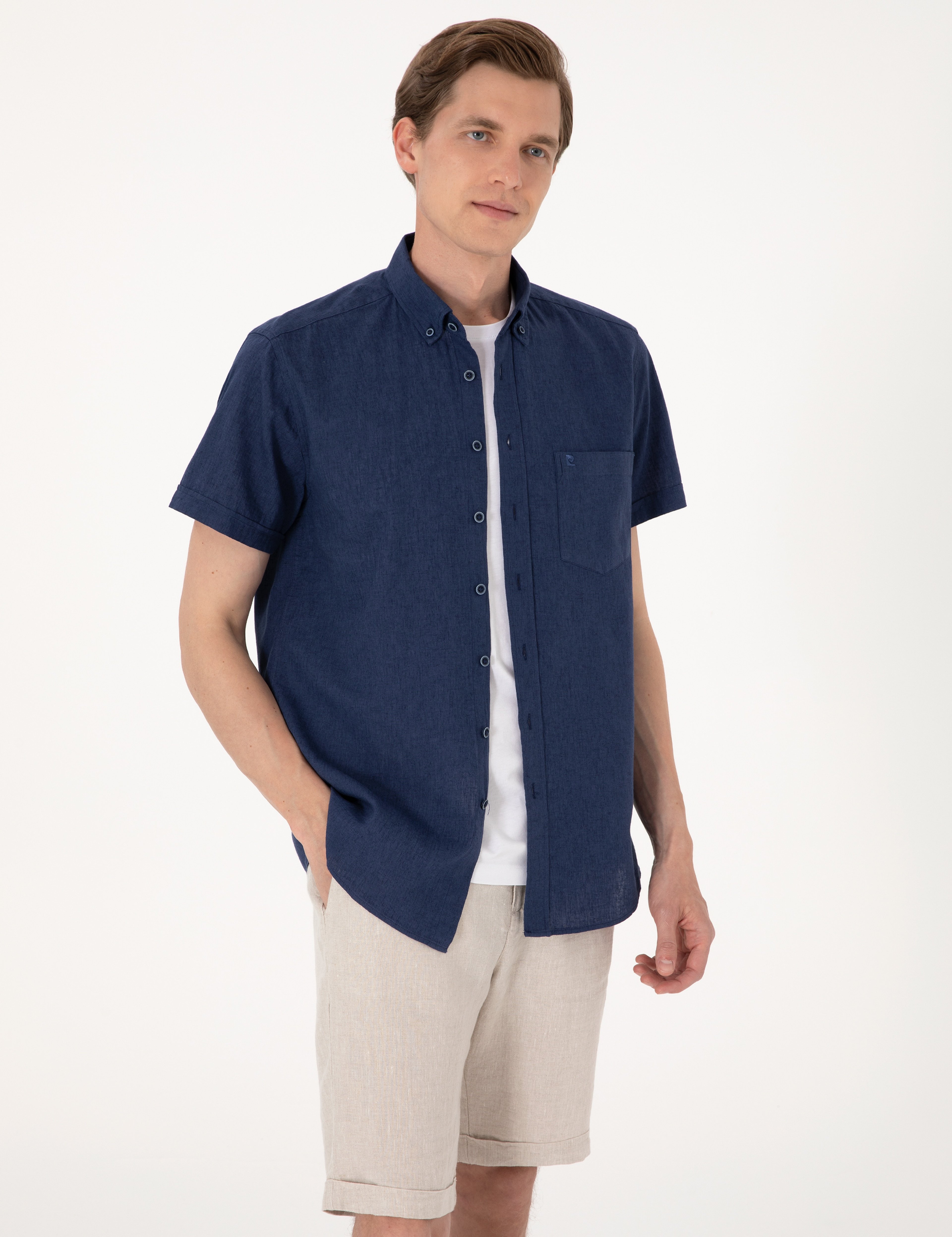 Lacivert Keten Karışımlı Regular Fit Kısa Kollu Gömlek - Image 3