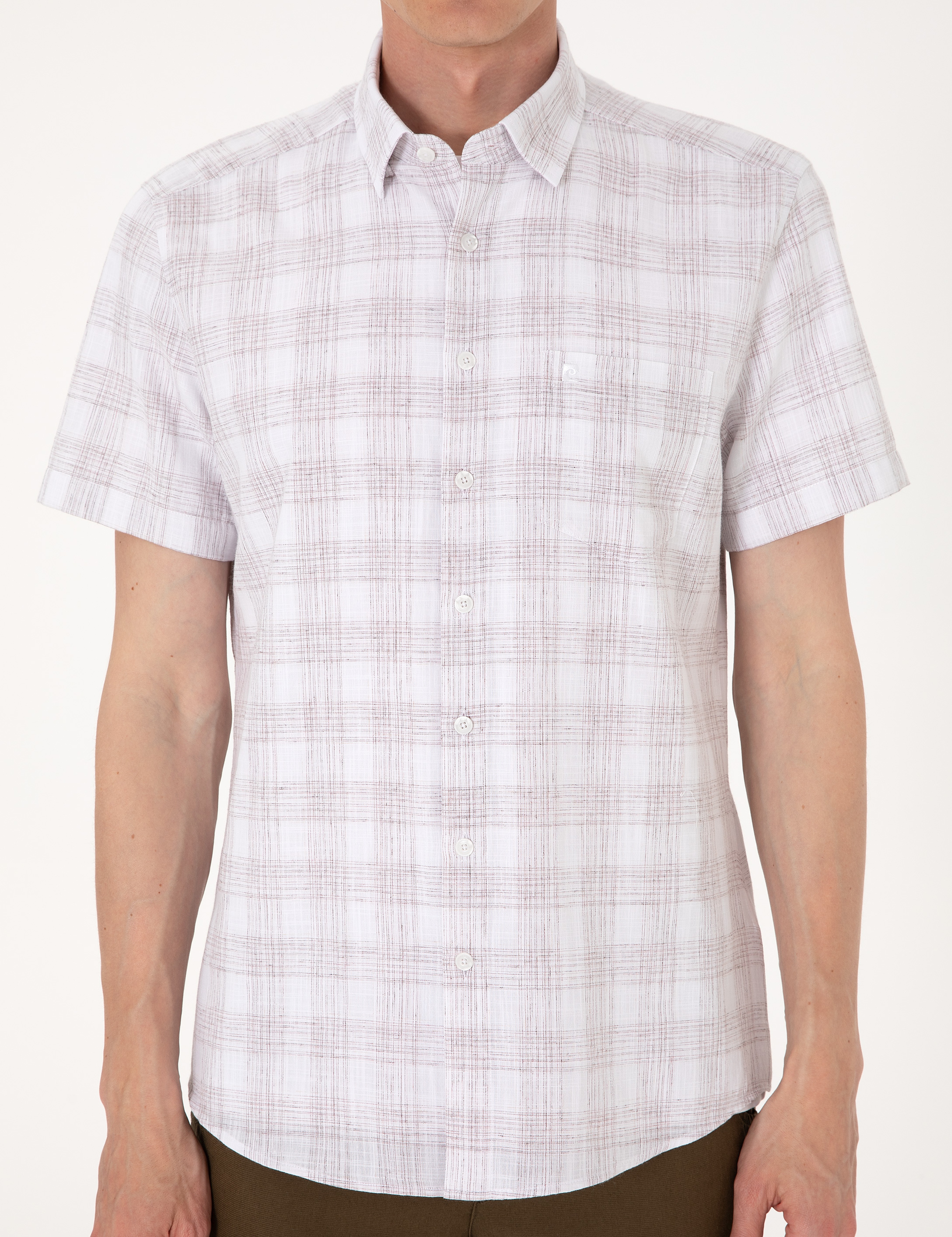 Kahverengi Regular Fit Kısa Kollu Ekose Gömlek - Image 6