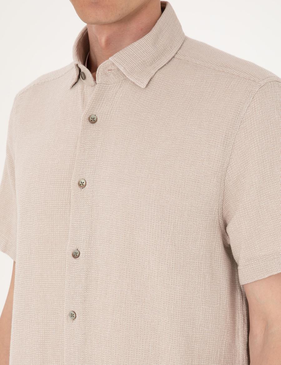 Bej Comfort Fit Kısa Kollu Gömlek