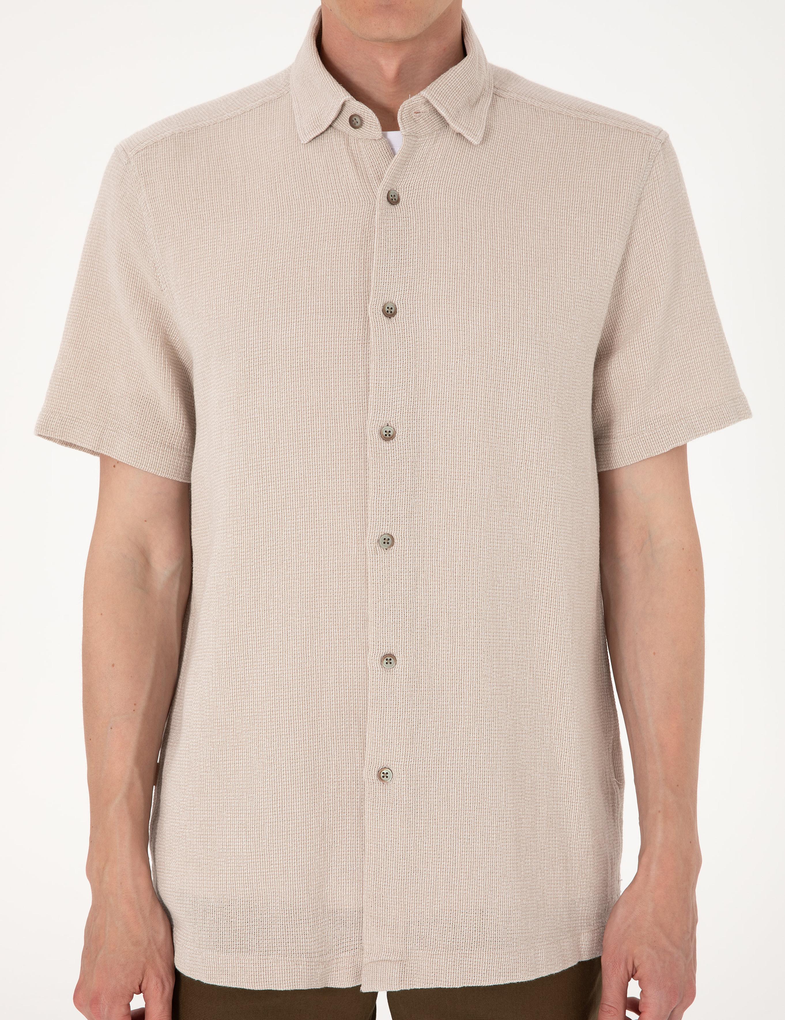 Bej Comfort Fit Kısa Kollu Gömlek