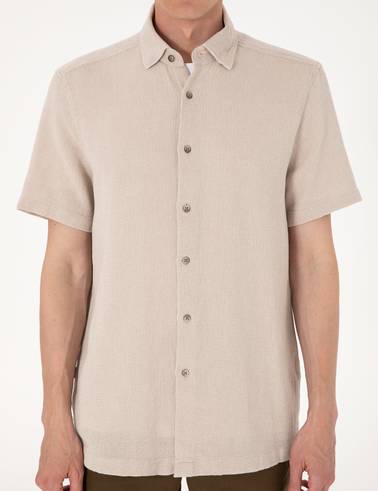 Bej Mikro Desenli %100 Pamuk Comfort Fit Rahat Gömlek