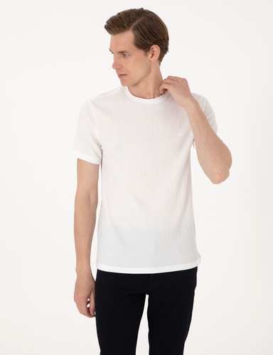 Ekru Slim Fit Bisiklet Yaka Tişört