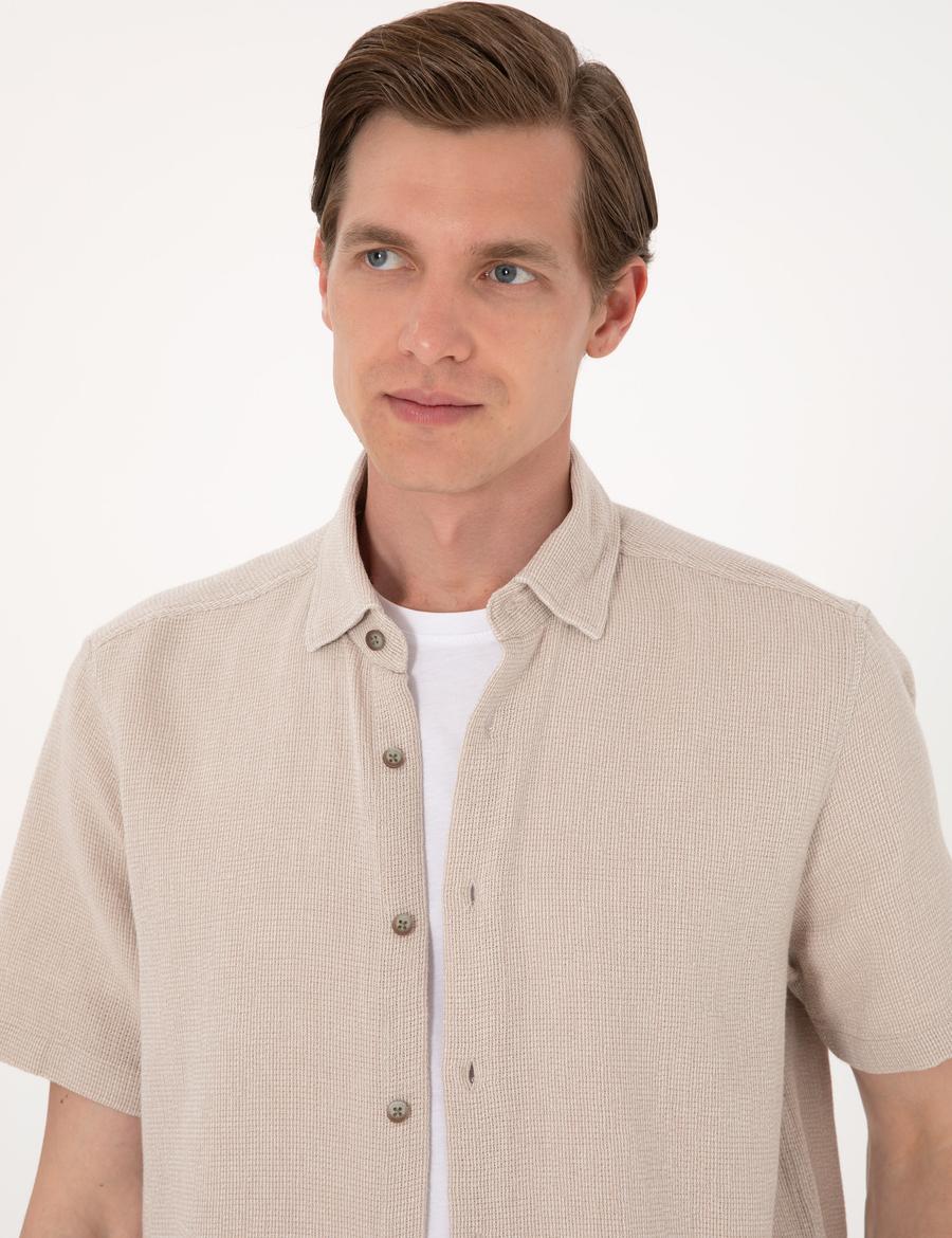 Bej Comfort Fit Kısa Kollu Gömlek