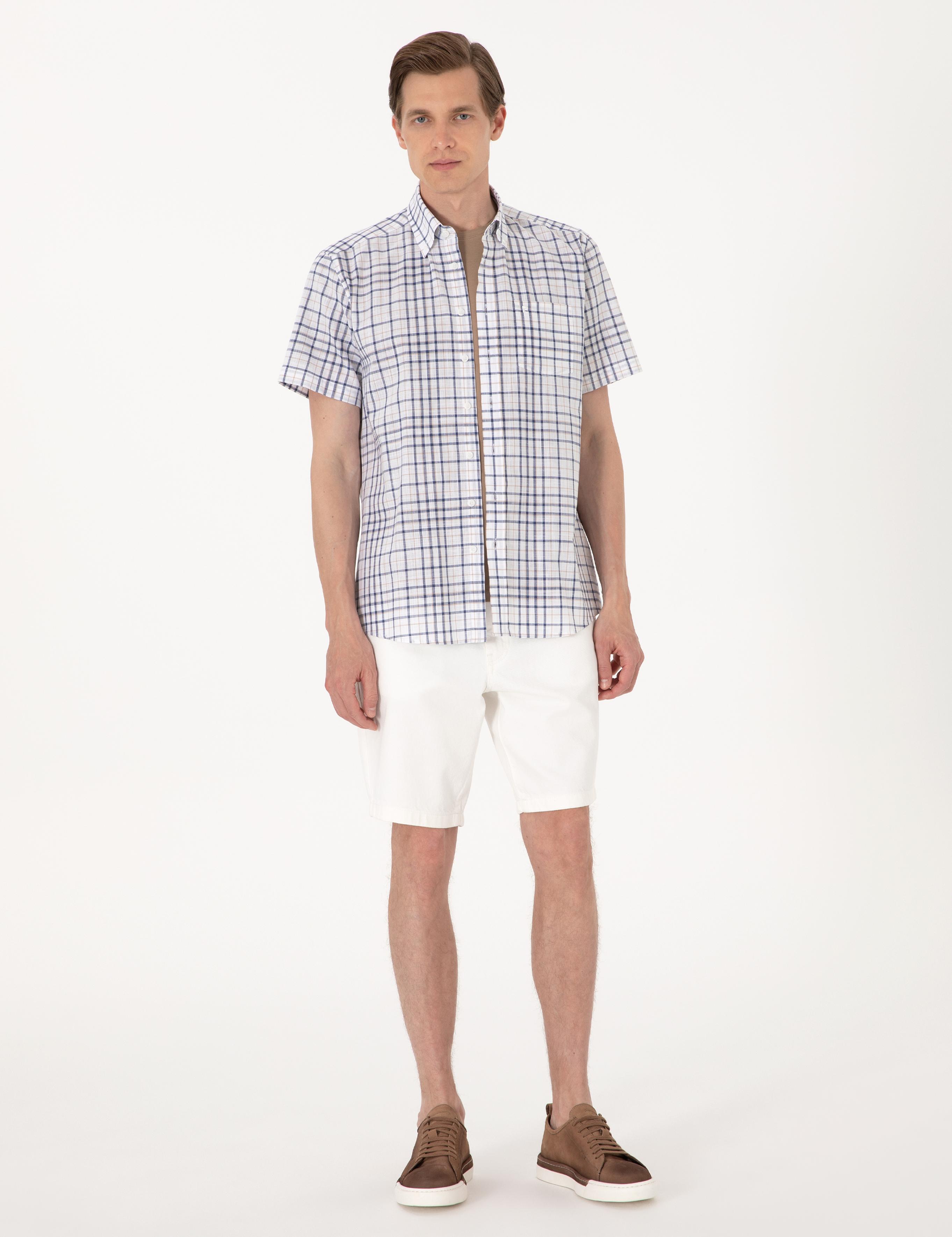 Lacivert Regular Fit Kısa Kollu Ekose Gömlek