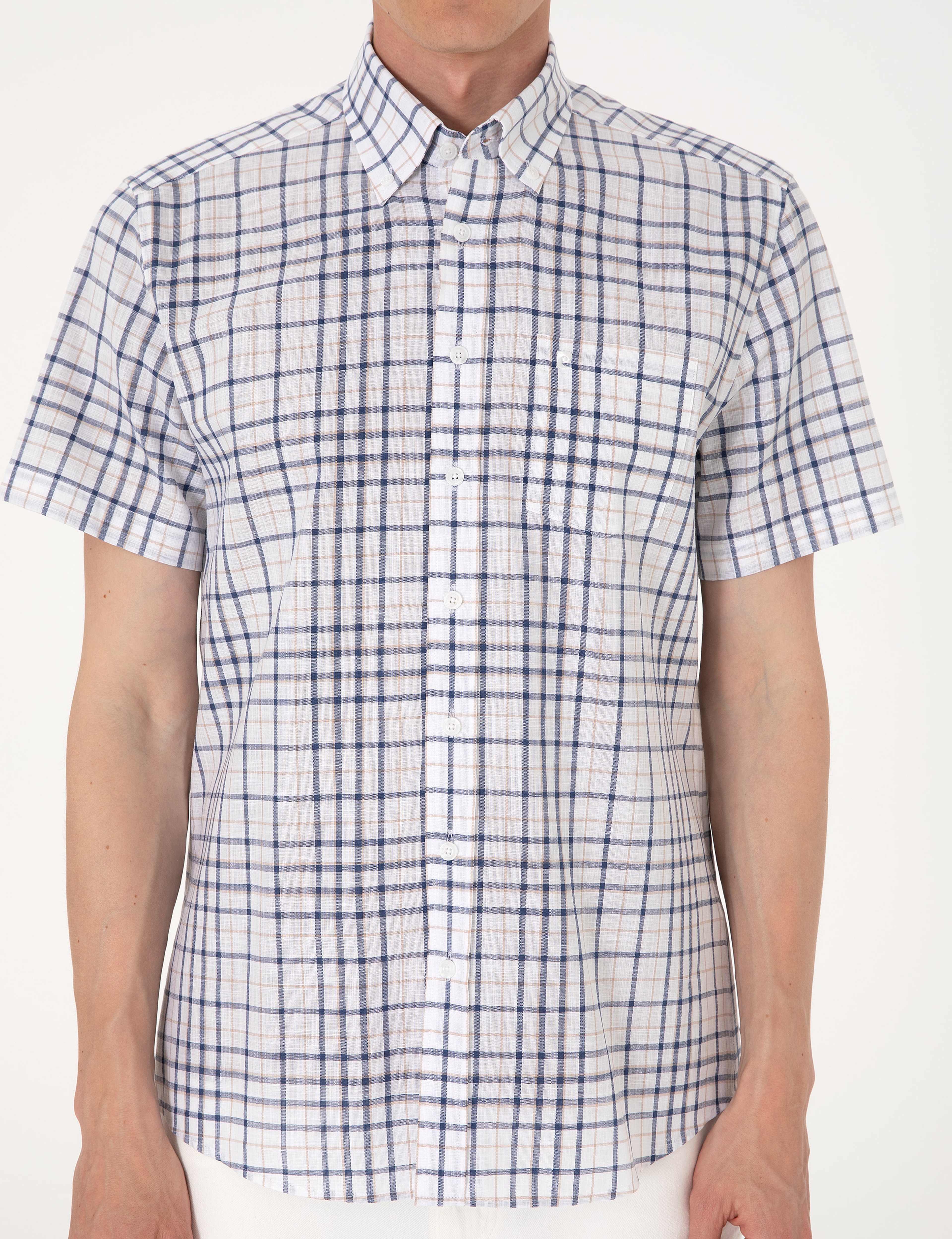 Lacivert Regular Fit Kısa Kollu Ekose Gömlek - Image 6
