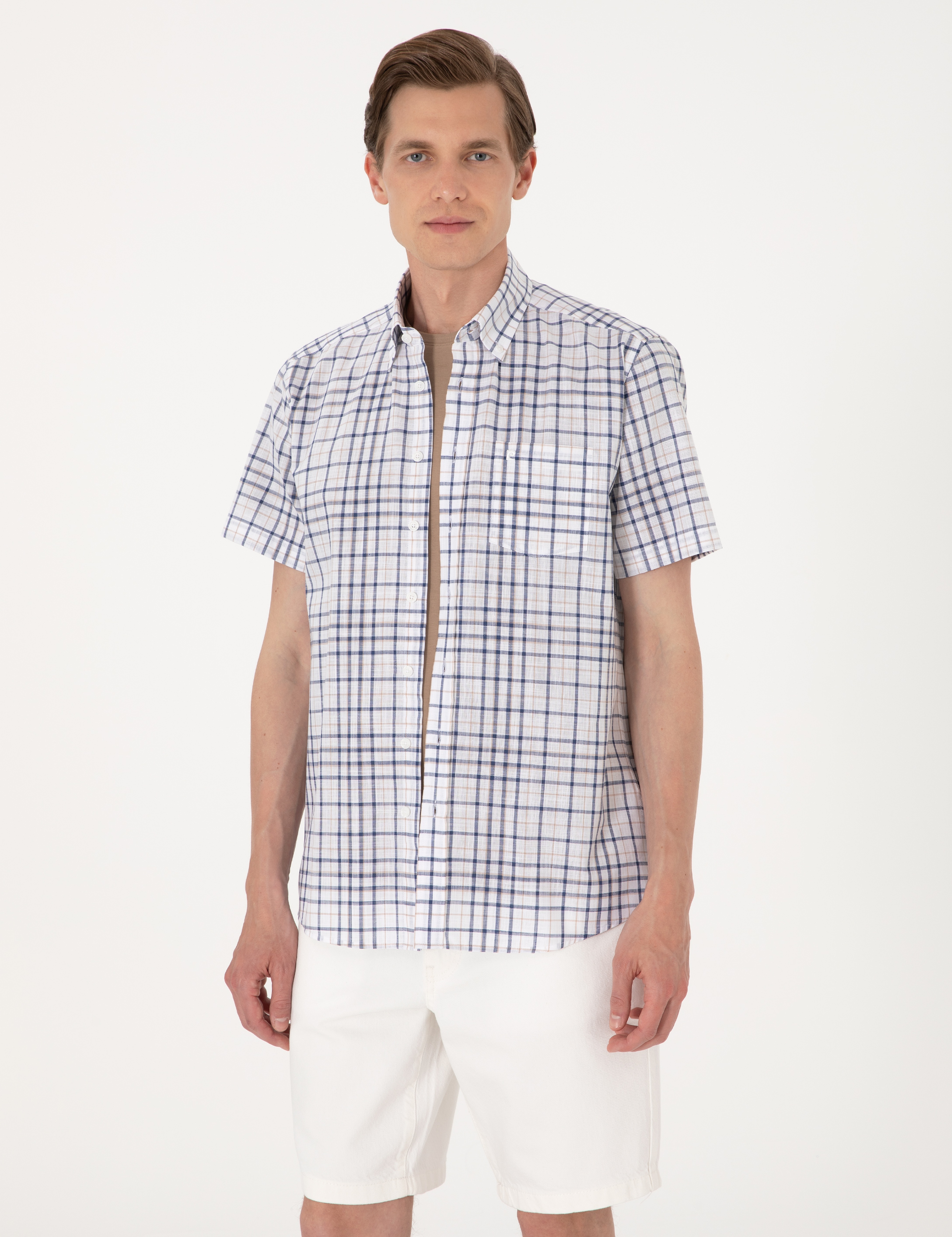 Lacivert Regular Fit Kısa Kollu Ekose Gömlek - Image 1