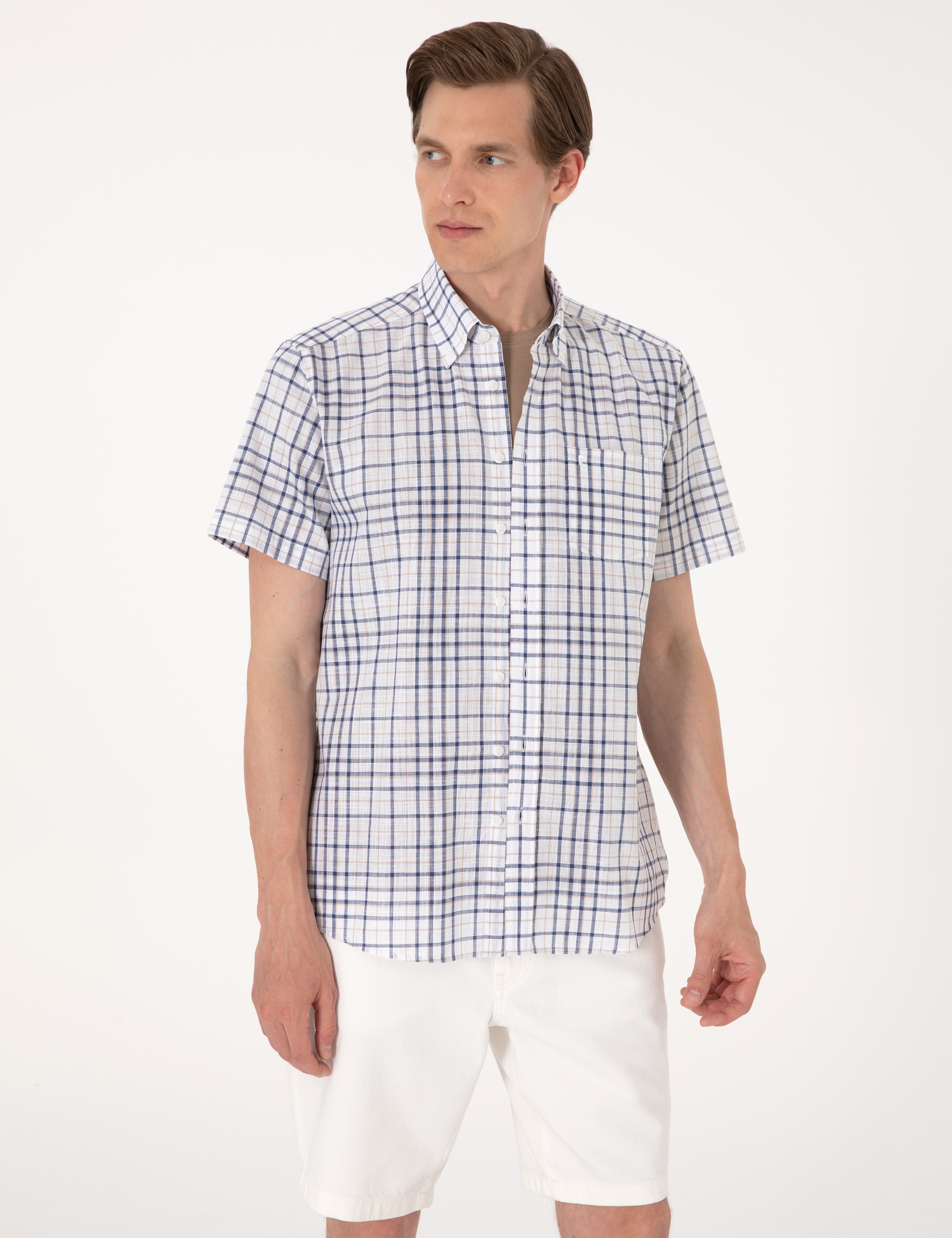 Lacivert Regular Fit Kısa Kollu Ekose Gömlek - Image 3