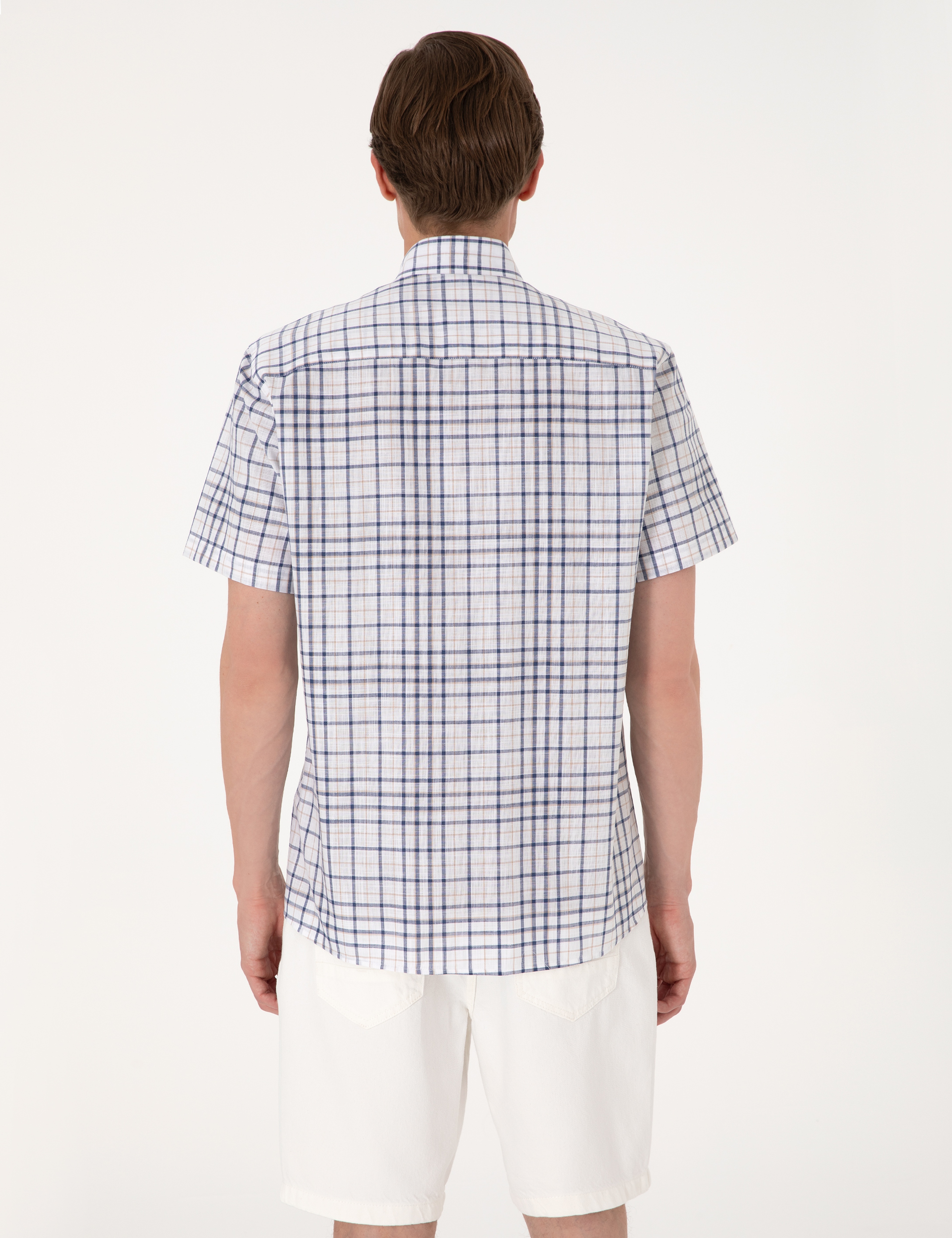 Lacivert Regular Fit Kısa Kollu Ekose Gömlek - Image 5