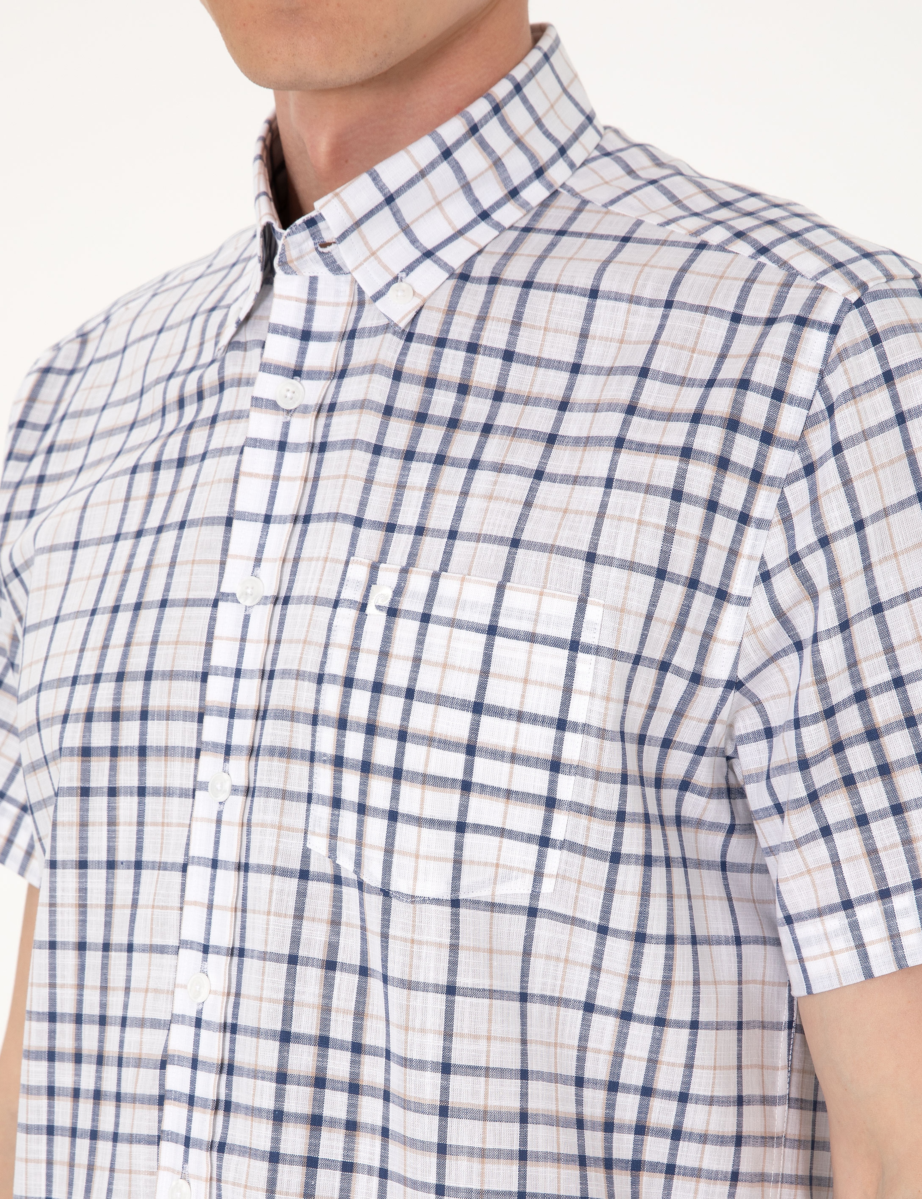 Lacivert Regular Fit Kısa Kollu Ekose Gömlek - Image 7